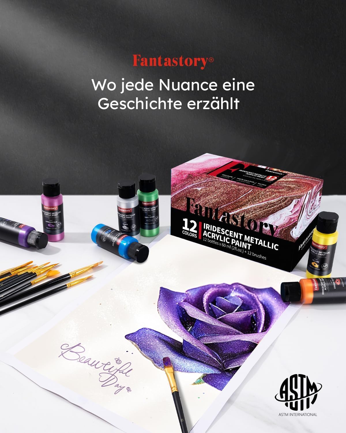 Fantastory Metallic Iridescent Acrylic Paint Set with 12 Brushes, 12 x 2oz Metallic Colors, Color-Shifting, Craft Paint Kit, Metal/Canvas/Rock/Stone/Ceramic/Model/Wood Painting [Balanced Series].