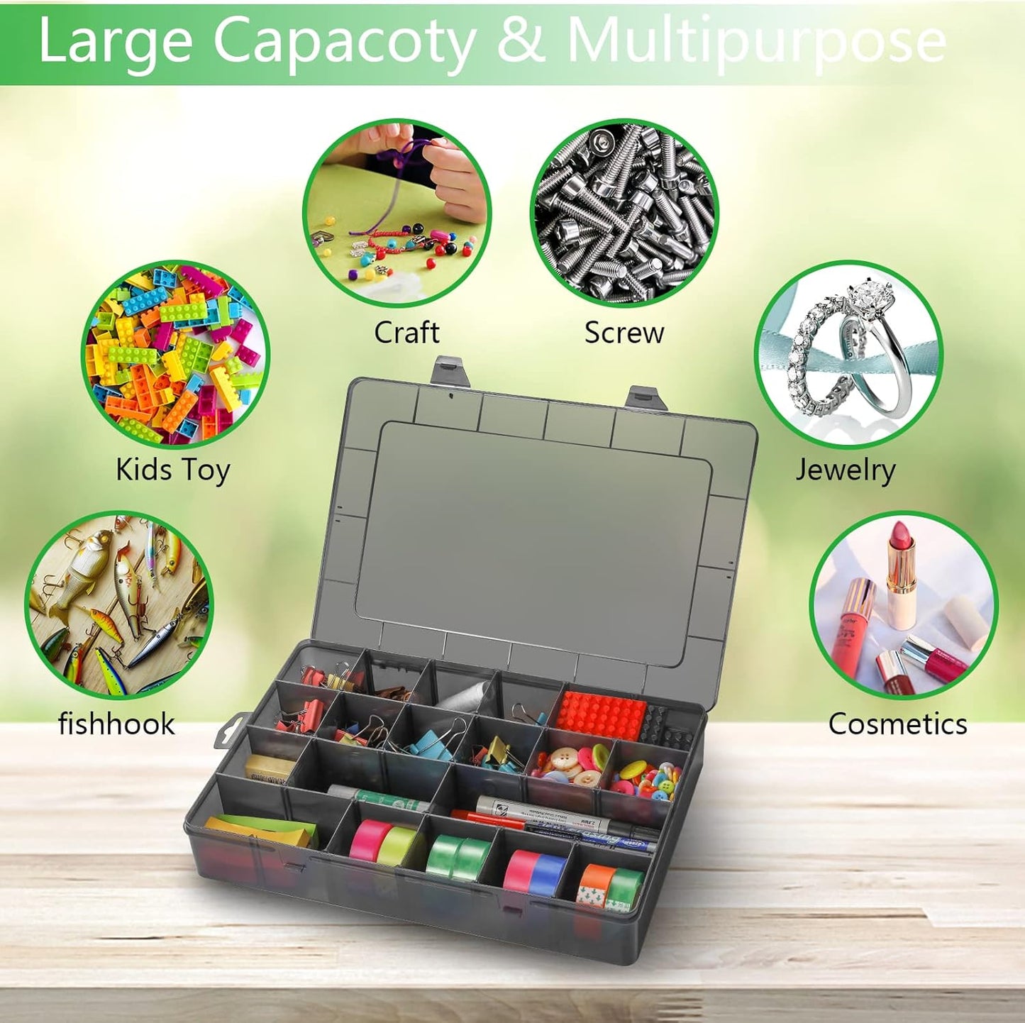 Large 24 Grids Plastic Organizer Box Adjustable Dividers,Clear Storage Box for Jewelry, Art DIY Crafts, Washi Tapes, Beads and Small Parts(Black, 1Pack)