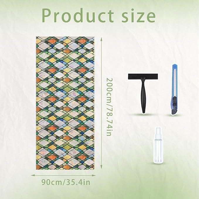 Lattice Stained Glass Window Film Static Cling with Tools - 35.4 x 78.7 Inch Non-Adhesive Privacy Decorative Rainbow Film for Windows, Doors, Sidelights - Easy Install & Remove