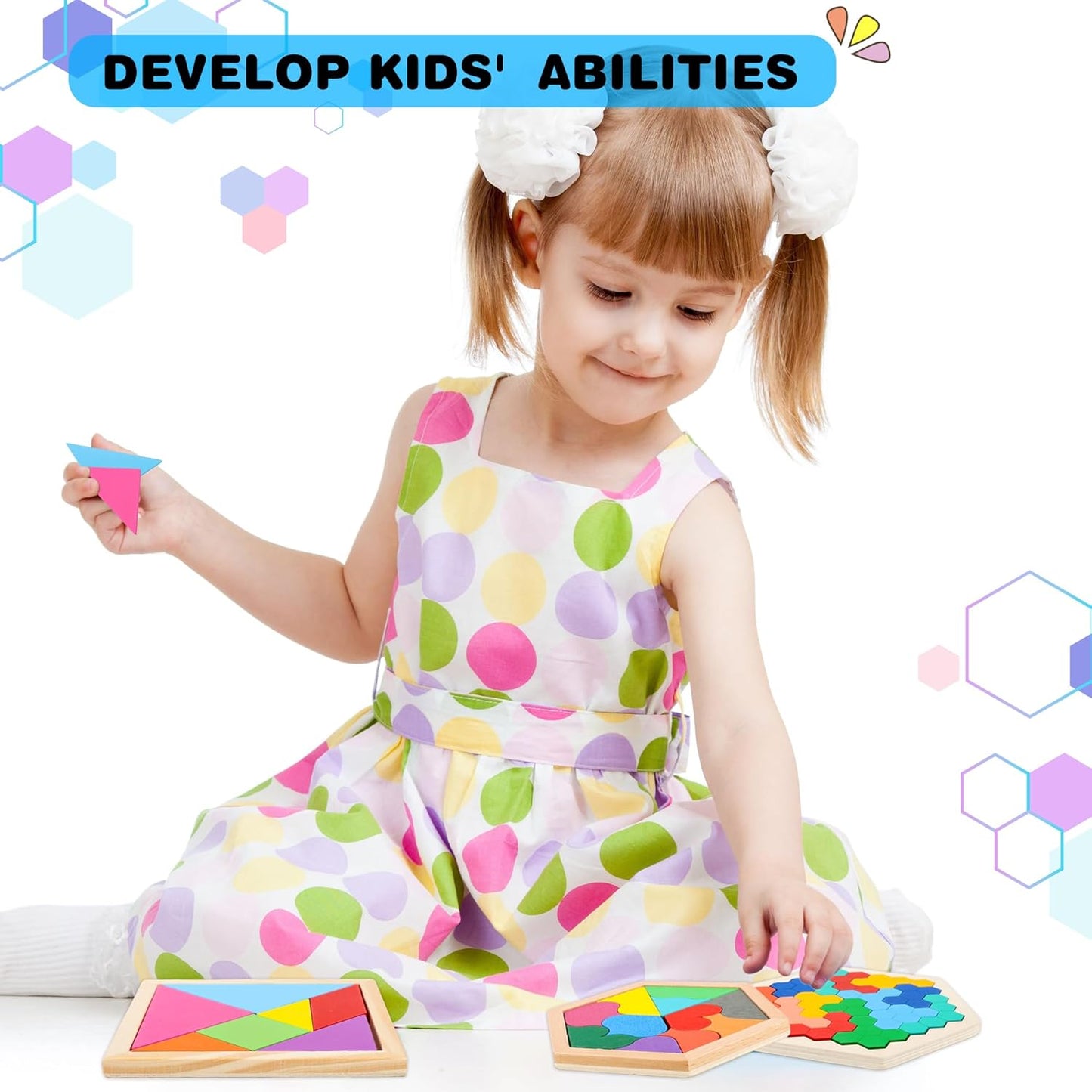 5 Pack Wooden Tangrams Puzzle Set Wooden Hexagon Puzzle Wood Russian Blocks Tangram Puzzle Brain Teaser Puzzles for Kids Adults 3D Logic Intelligence IQ Game Gift