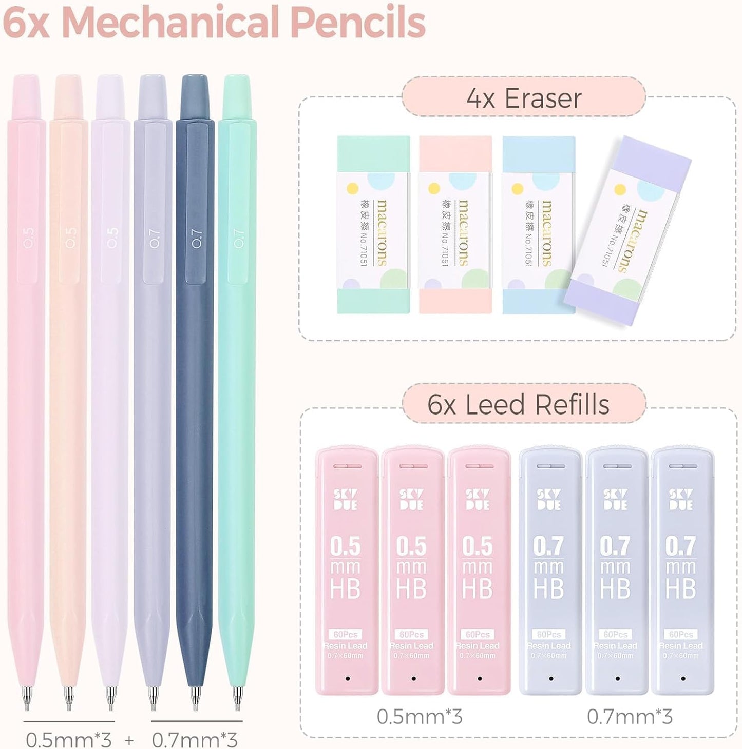 SKYDUE Cute Mechanical Pencils Set with Case, 6PCS 0.5mm & 0.7mm Mechanical Pencils, 360PCS HB Lead Refills, 4PCS Pastel Erasers, Pastel Back to School Supplies for Girls