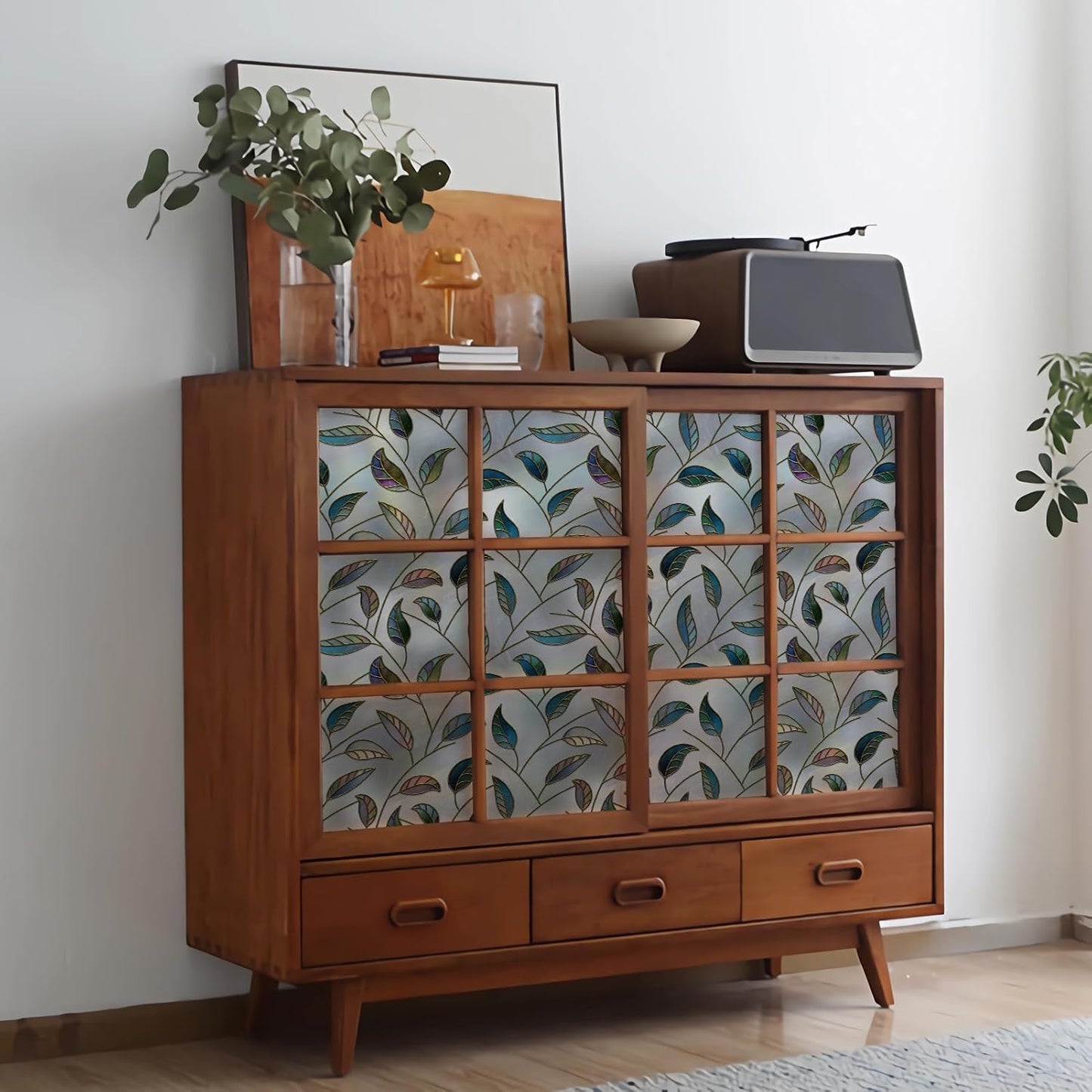 DKTIE Static Cling Decorative Window Film Vinyl Non Adhesive Privacy Film with Installation Kit, Multilayer UV Inkjet Technology, 3D Thickened Stained Film, Vintage Leaf Pattern, 17.7 x 78.7 Inches