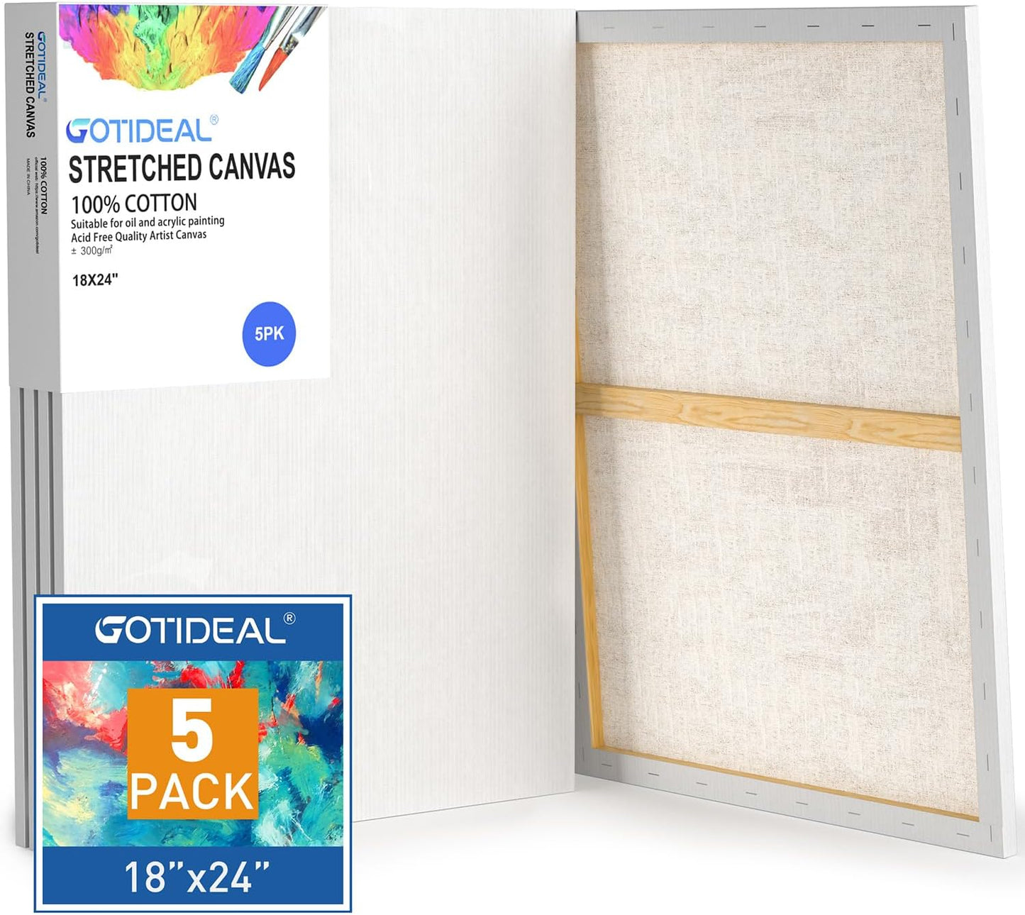 GOTIDEAL Stretched Canvases for Painting, 18x24" Inch Set of 5, Primed White - 100% Cotton Blank Art Canvas Boards for Painting for Acrylic Pouring, Oil Paint Dry & Wet Art Media