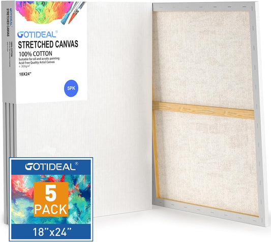 GOTIDEAL Stretched Canvases for Painting, 18x24" Inch Set of 5, Primed White - 100% Cotton Blank Art Canvas Boards for Painting for Acrylic Pouring, Oil Paint Dry & Wet Art Media