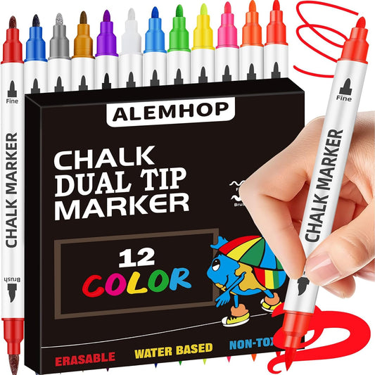 Stocking Stuffers, Liquid Chalk Markers Dual Wide & Fine Tip, 12 Colors Car Chalk Window Markers Pen for Glass Mirror Blackboard Halloween Decorations, Teen Girl Gifts Trendy Stuff