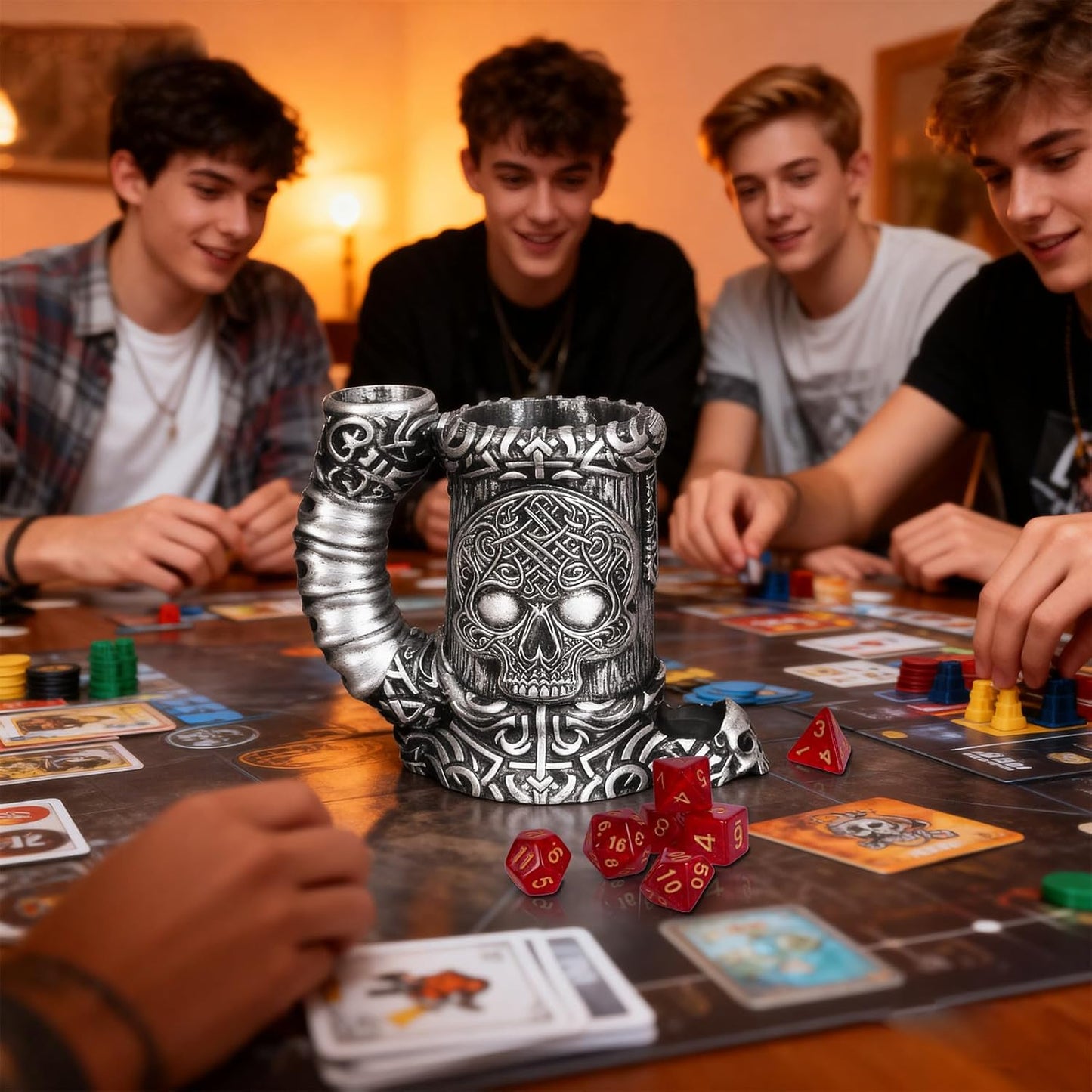 Dice Tower Mug, Dice Rolling Tower, Comes with 7 PCS Dice Set, Suitable for DND Dungeons and Dragons, Tabletop Games, Available As Drink Holder, D&D Gifts, DND Accessories (Silver Skull)