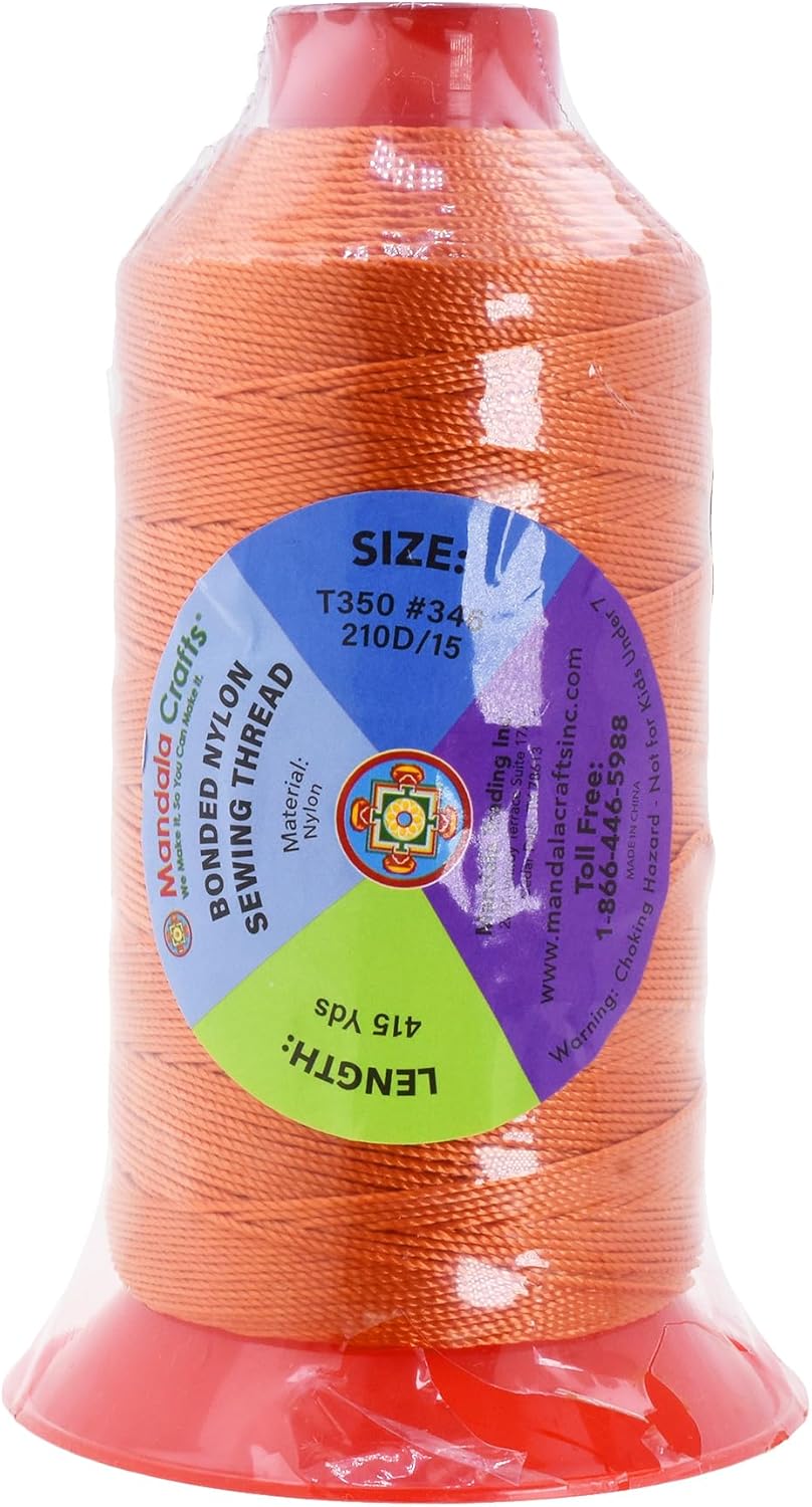 Mandala Crafts Bonded Nylon Thread - Heavy Duty Orange Sewing Threads - 415 YDs Size 346 210D T350 Tex 350 for Leather Jeans, Weaving, Outdoor, Marine, Upholstery
