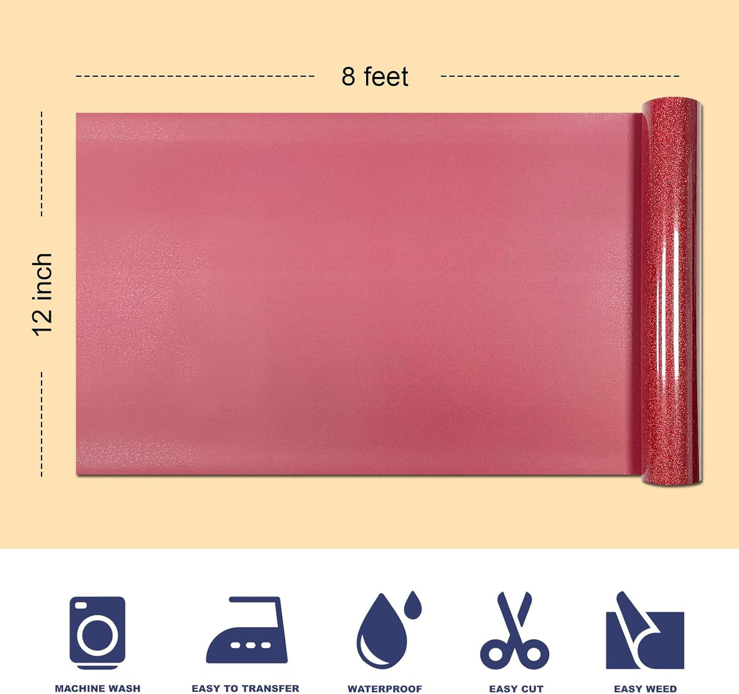 Red Glitter HTV Heat Transfer Vinyl, 12" x 8ft lron on Vinyl, for T-Shirt Ironing, Vinyl HTV Easy to Cut and Weed, The Best Choice for DIY Creativity. (red, 12" x 8ft)