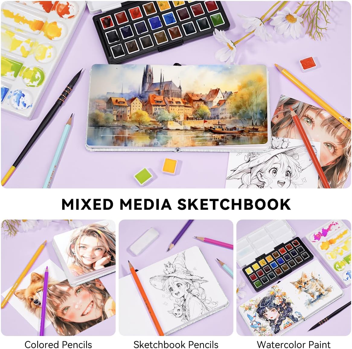 Lightwish Square Watercolor Journal,100% Cotton,300gsm/140lb,Acid-Free,24 Sheets Hot Press Watecolor Paper Sketchbook for Artists Adults Students,4.7 * 4.7 Inches