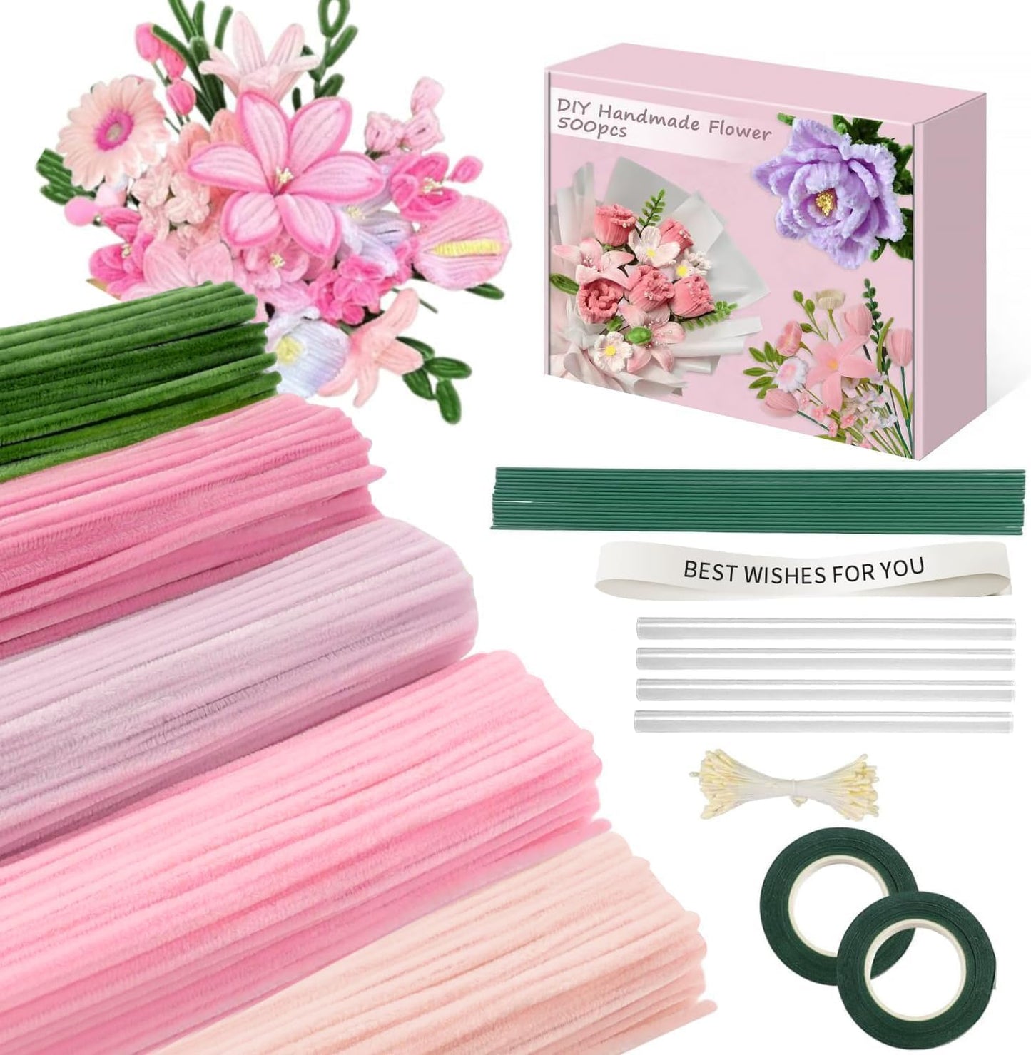 500 Pcs Pipe Cleaners Craft，5 Colors Pipe Cleaners Bulk,Chenille Stems Flowers Craft kit for DIY Handmade Bouquet Wrapping Party Decorations whit Ribbons，Stems,Tape，Stamens, Glue Sticks (Pink)