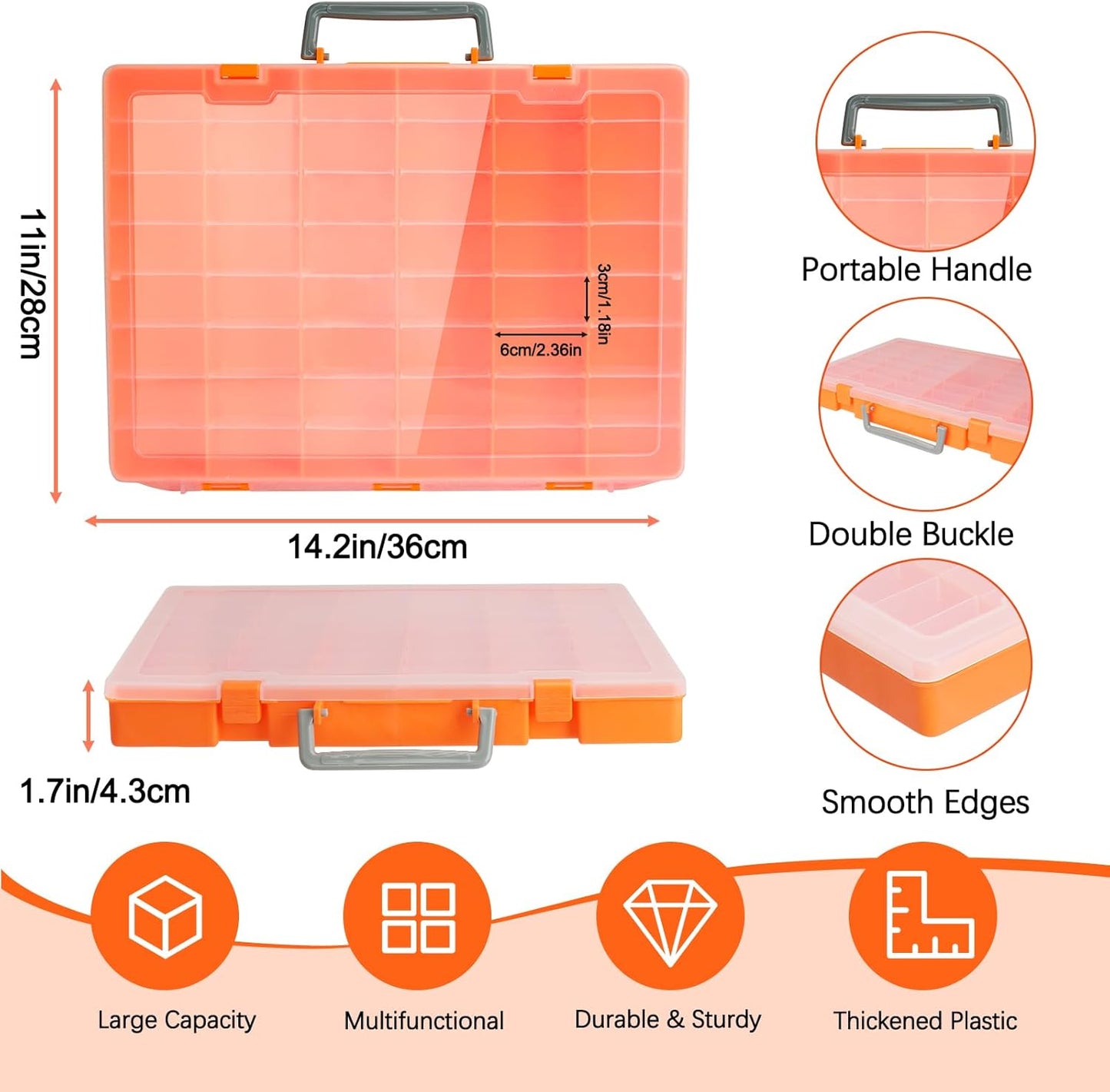 48 Grids Large Plastic Organizer Box with Adjustable Dividers, Beads Storage Containers Compartment Tackle Box Case for Crafts Hobby Small Parts Fishing Seeds Jewelry (Orange)