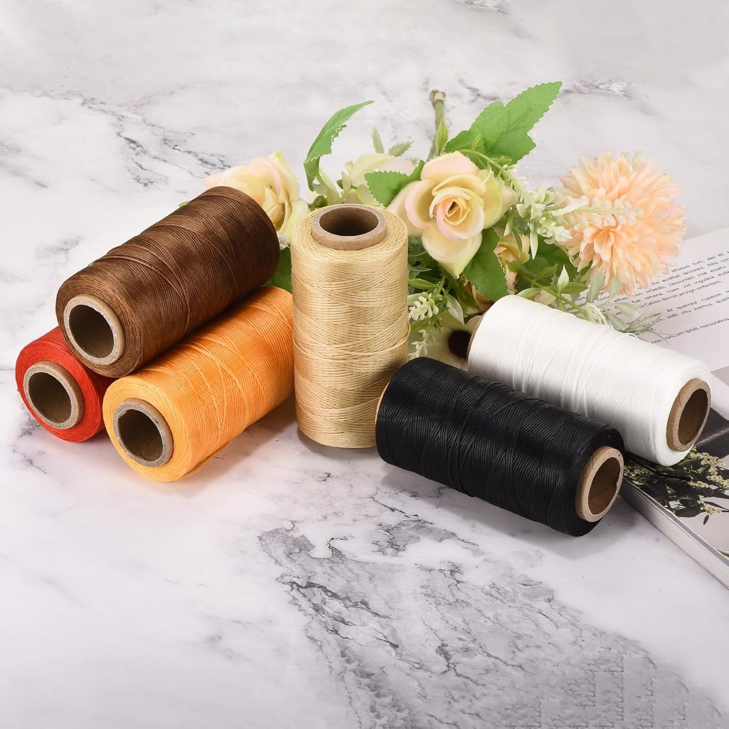 MECCANIXITY Waxed Thread,284 Yard 0.8mm 150D Flat Wax Thread Polyester Waxed String for Leather Sewing Hand Weaving Book Binding Home Decoration, Yellow-Brown