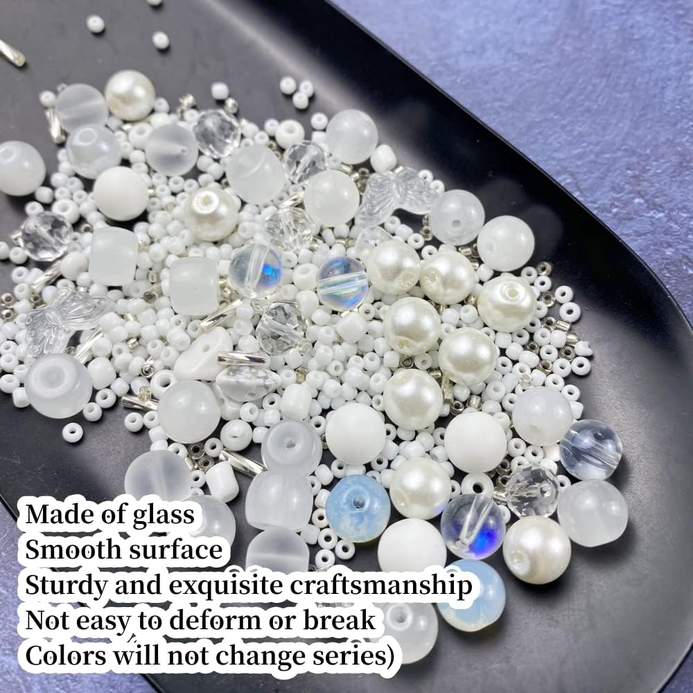 Assorted Glass Resin Beads Multi Size Colors Smooth Cracked Gravel Millet Spacer Beads for Bracelets Necklace Earring DIY Jewelry Making Craft (White Series)