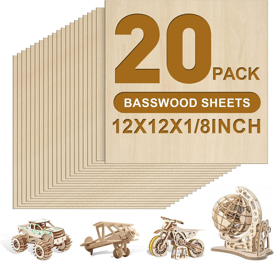 20 Pack Basswood Sheets 1/8x12x12 Inch 3mm Basswood for Laser Cutting, Drawing,Wood Burning, Architectural Models.Plywood Sheets Unfinished Wood Sheets for DIY Crafts.