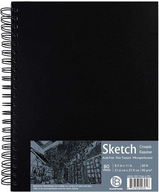 Bachmore 8.5"x11" Hardbound Sketchbook, Left Spiral Sketch Pad with Hardcover, Perforated and Durable Acid Free Drawing Paper, Ideal Art for Kids & Adults, Artist Pro & Amateurs