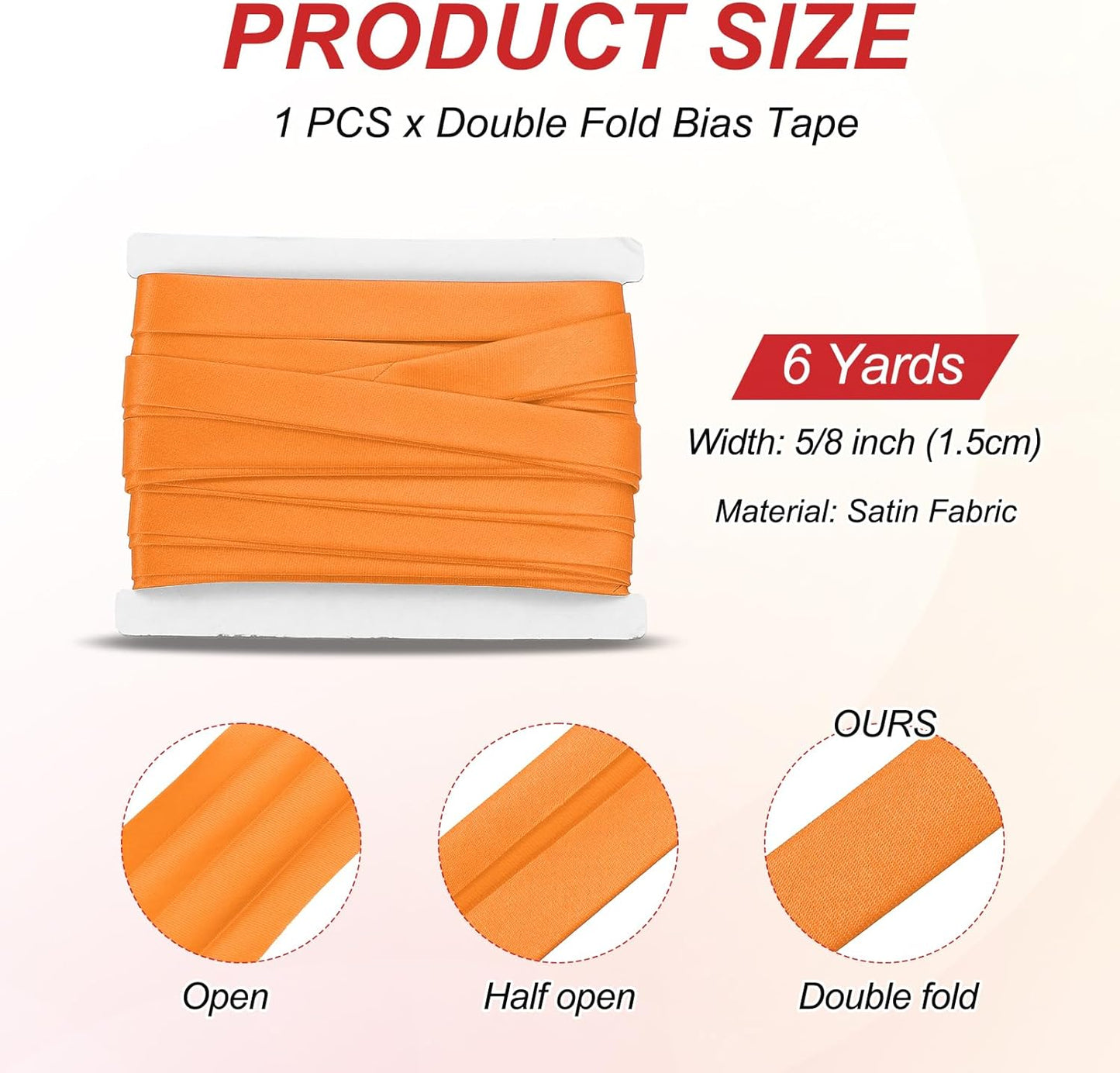 MECCANIXITY Double Fold Bias Tape for Sewing 5/8 Inch x 6 Yards Satin Pre-fold Continuous Binding Tape for Seaming Quilting Hemming Binding DIY Crafts, Orange