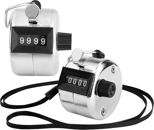2 Pack Hand Tally Clicker Counter – 4 Digit Metal Mechanical Hand Counter with Lanyard for People Counting, Lap Tracking, Knitting, Pitch, Golf, Coaching, Umpire, Events