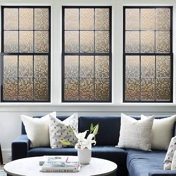 rabbitgoo Window Privacy Film Stained Glass Window Film, Mosaic Rainbow Decorative Glass Cling, Removable Static Cling Tint,Non-Adhesive Privacy Covering for Home, Brown, 35.4 x 78.7 inches