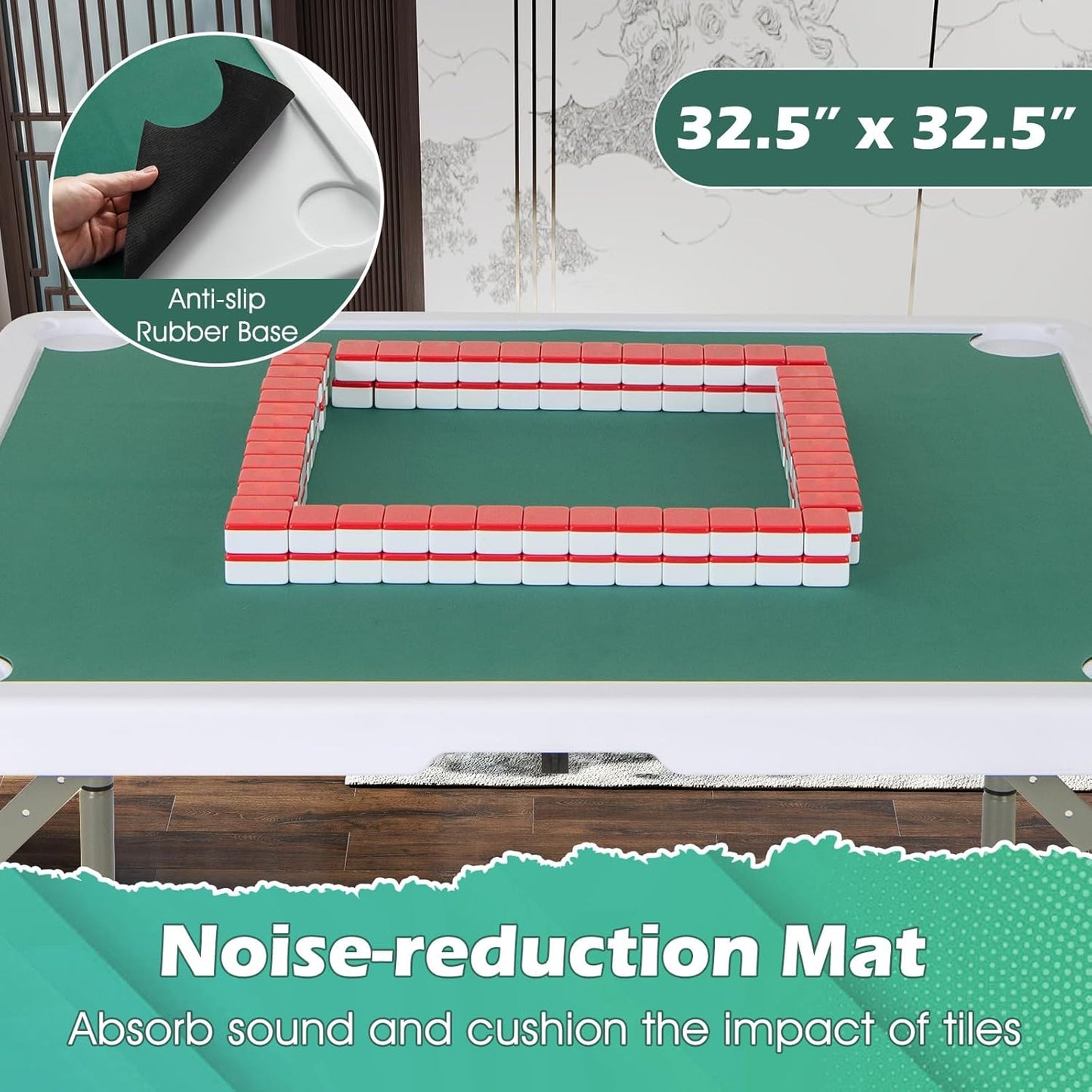 Giantex Folding Mahjong Table, 35" Square Card Table with Cup Holders, Removable Noise Reduction Mat, HDPE Tabletop, 4-Player Portable Domino Tables for Poker Blackjack Board Game (Pure Green)