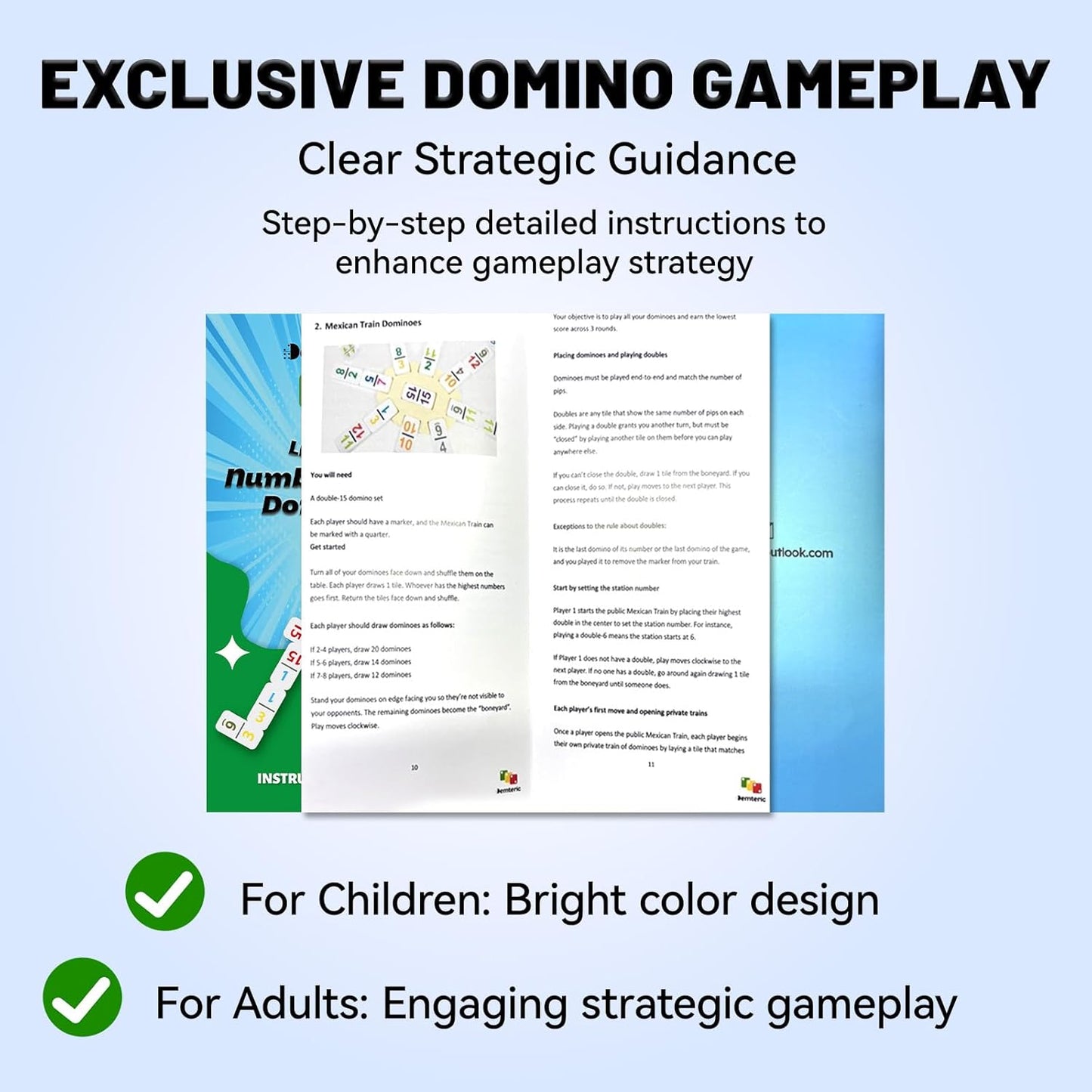 Mexican Train Dominoes Double 15 with 8 Wooden Holders | 136 Colorful Number Dominos Tiles for Adults, Travel Board Game for Family Nights, Cognitive Strategy Games for 2-8 Players