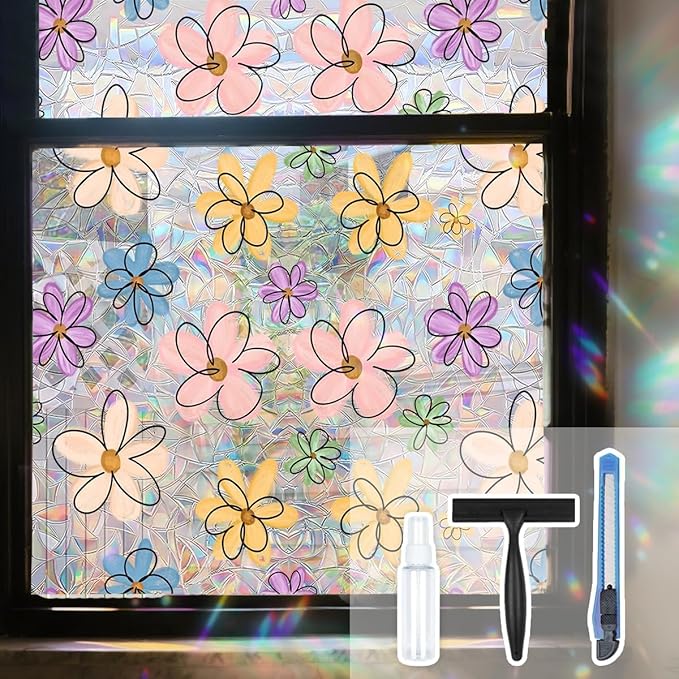 Daisy Flower Stained Glass Window Film Static Cling with Tools - 35.4 x 78.7 Inch Non-Adhesive Privacy Decorative Cute Rainbow Film for Windows, Doors, Sidelights - Easy Install & Remove