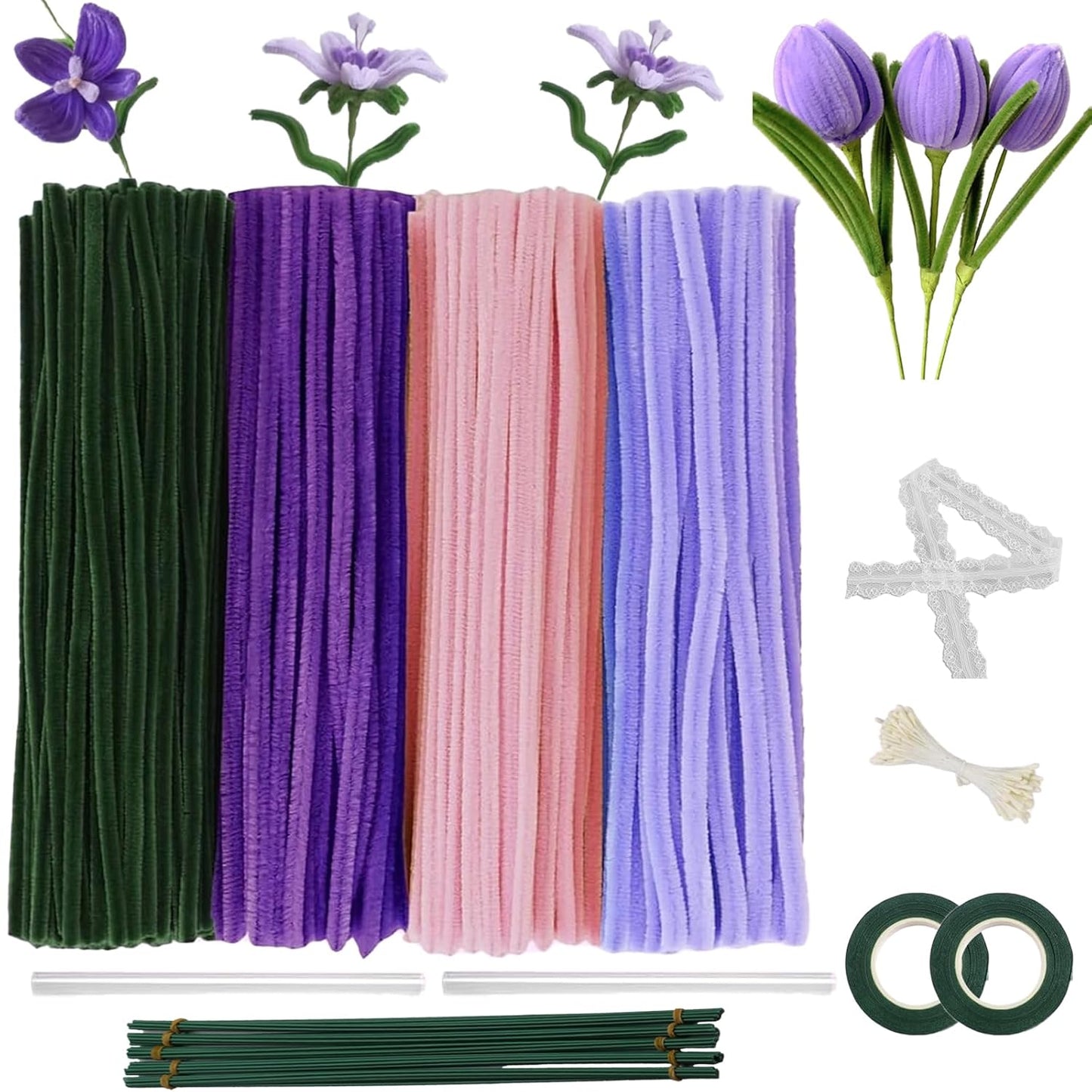 600 Pcs Purple Pipe Cleaners Craft for Flowers,Multiple Assorted Colors Pipe Cleaners Bulk, Chenille Stems for DlY Flower Making Kit.Pink Pipe Cleaners Craft Set(Purple)