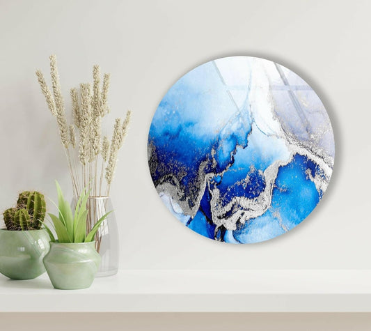My Photostation.com 15.8''(40cm) Diameter Blue Marble Round with Silver Details Glass Wall Art Tempered Glass Printing Wall Decor Large Wall Art Wall Hangings