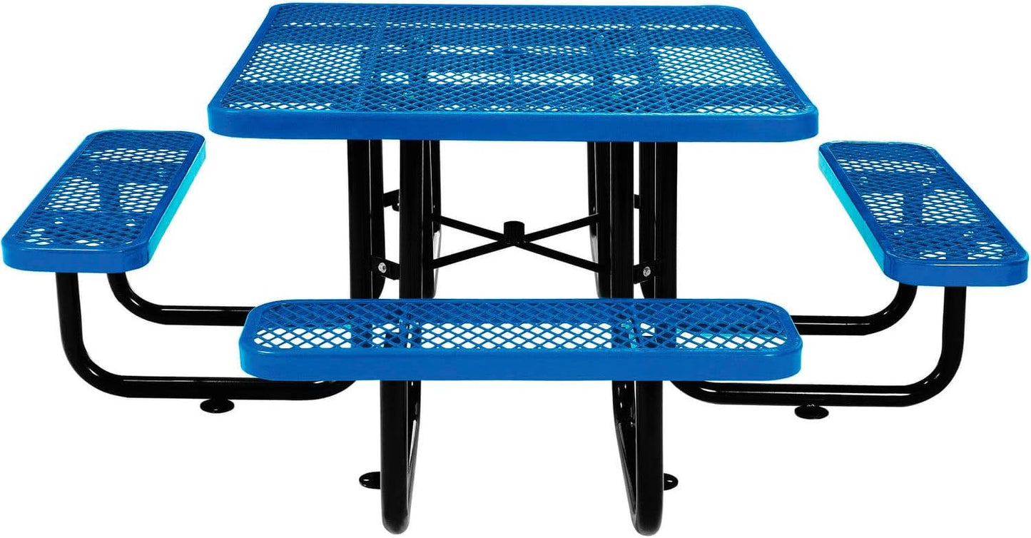 Global Industrial 46" Square Picnic Table, Expanded Metal, Blue Thermoplastic Coating, Attached Benches, 1-1/2” Umbrella Pole Hole, Outdoor-Rated, 1000 lb Capacity