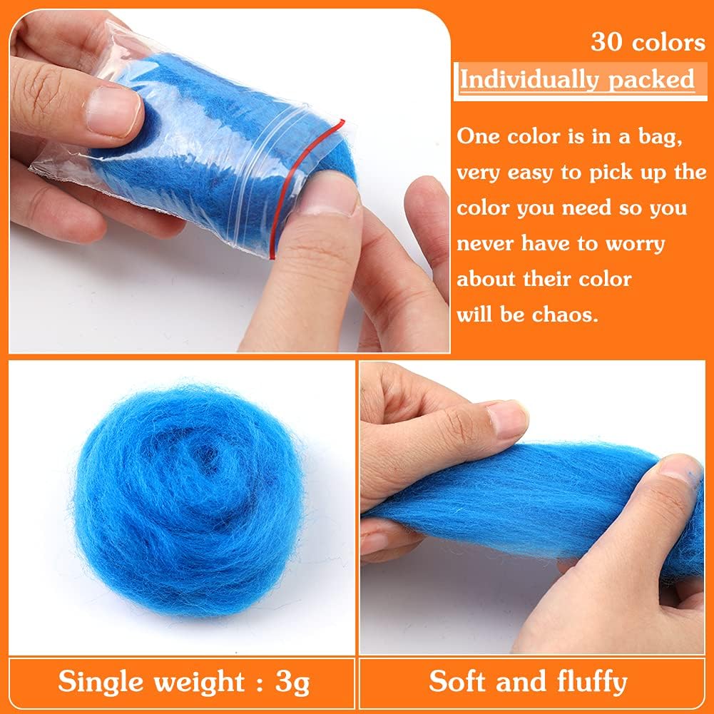 Mayboos 30 Colors Wool Roving Yarn for Needle Felting - DIY Craft Fiber Wool for Wet Felting - 3g/Color (Dark Color)