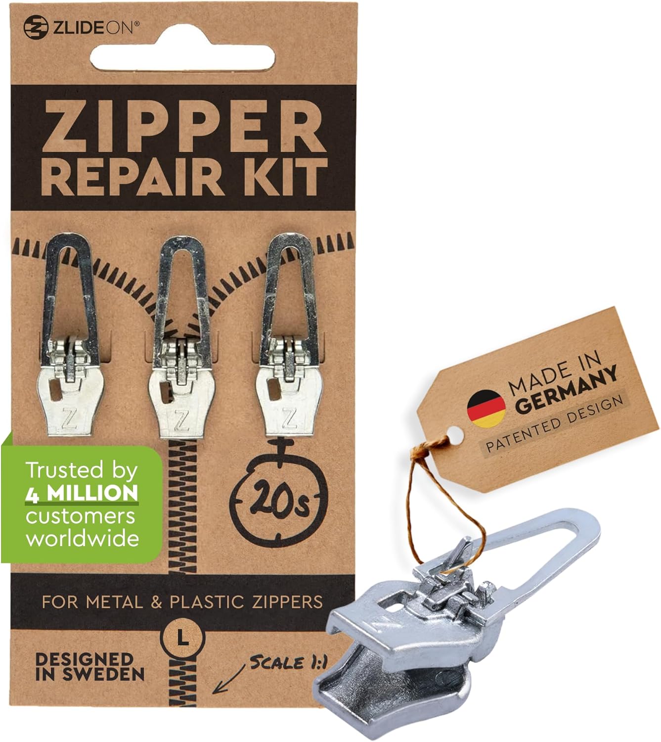 ZlideOn Zipper Pull Replacement - 3pcs, Silver, Large - Instant Zipper Replacement Slider