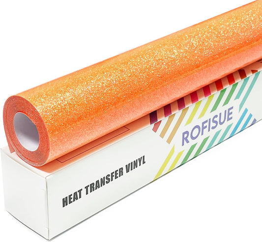 Orange Glitter Heat Transfer Vinyl 12Inch*6FT Glitter Iron on Vinyl for T Shirts Easy to Cut and Weed Compatible with All Cutter Machines HTV Vinyl Iron on for Cricut (Fluorescent Orange)