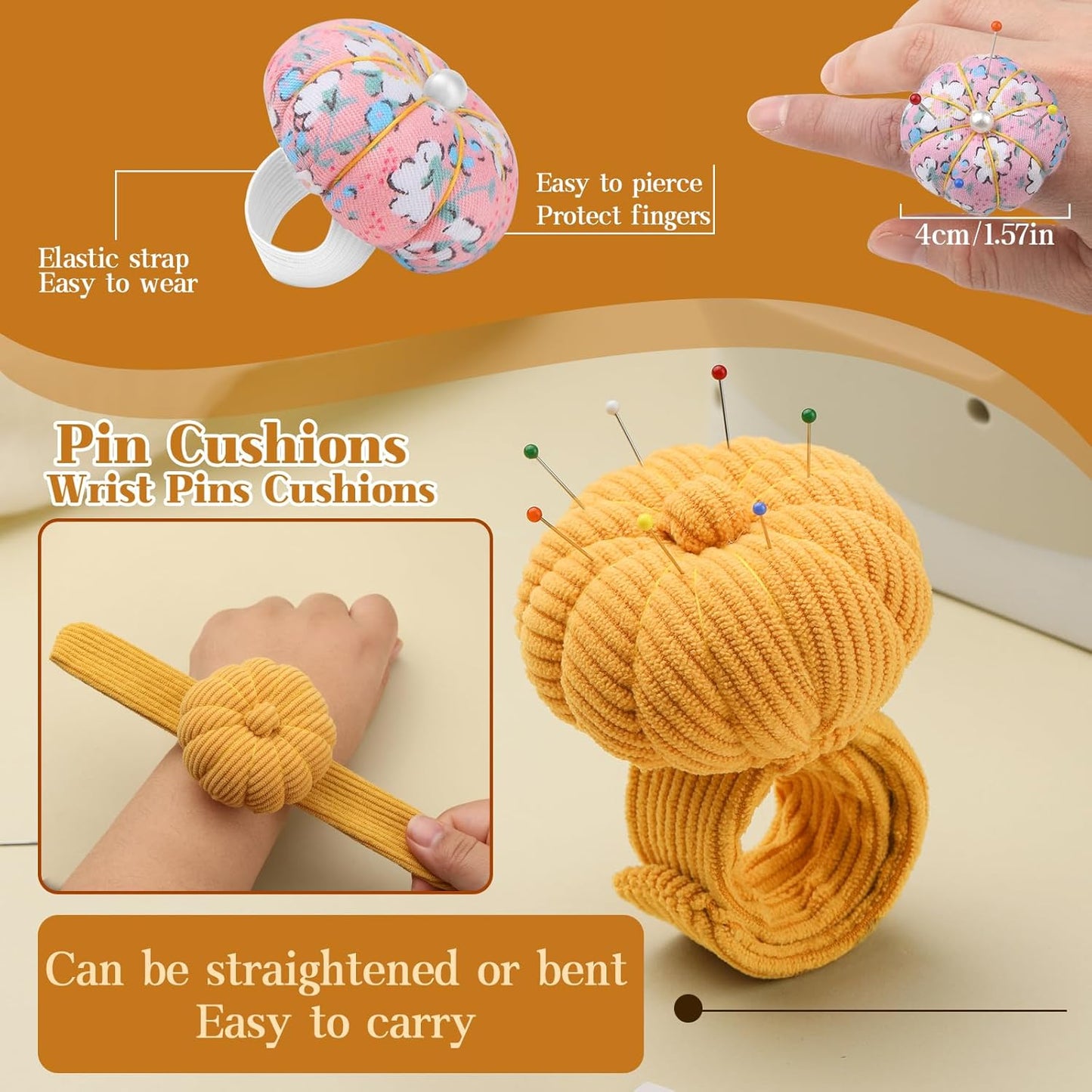 UzecPk Wrist Pin Cushions for Sewing Cute, Sewing Pin Cushion, Wrist Pin Cushion Finger Ring Pincushion with Elastic Strap, Sewing Products with 200PCS Sewing Pins for Sewing and Quilting