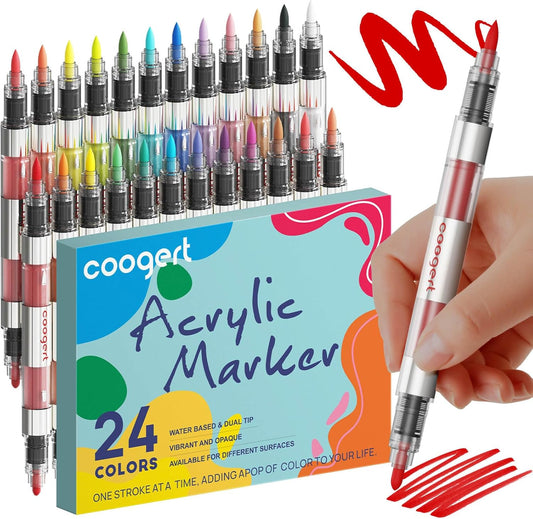 24 Automatic Ink Control Acrylic Paint Markers Dual Tip, Brush Tip Medium Tip No-Bleed Acrylic Paint Pens For Rock Painting, Wood, Fabric, Canvas, Glass, Plastic, Art Painting Supplies Kit