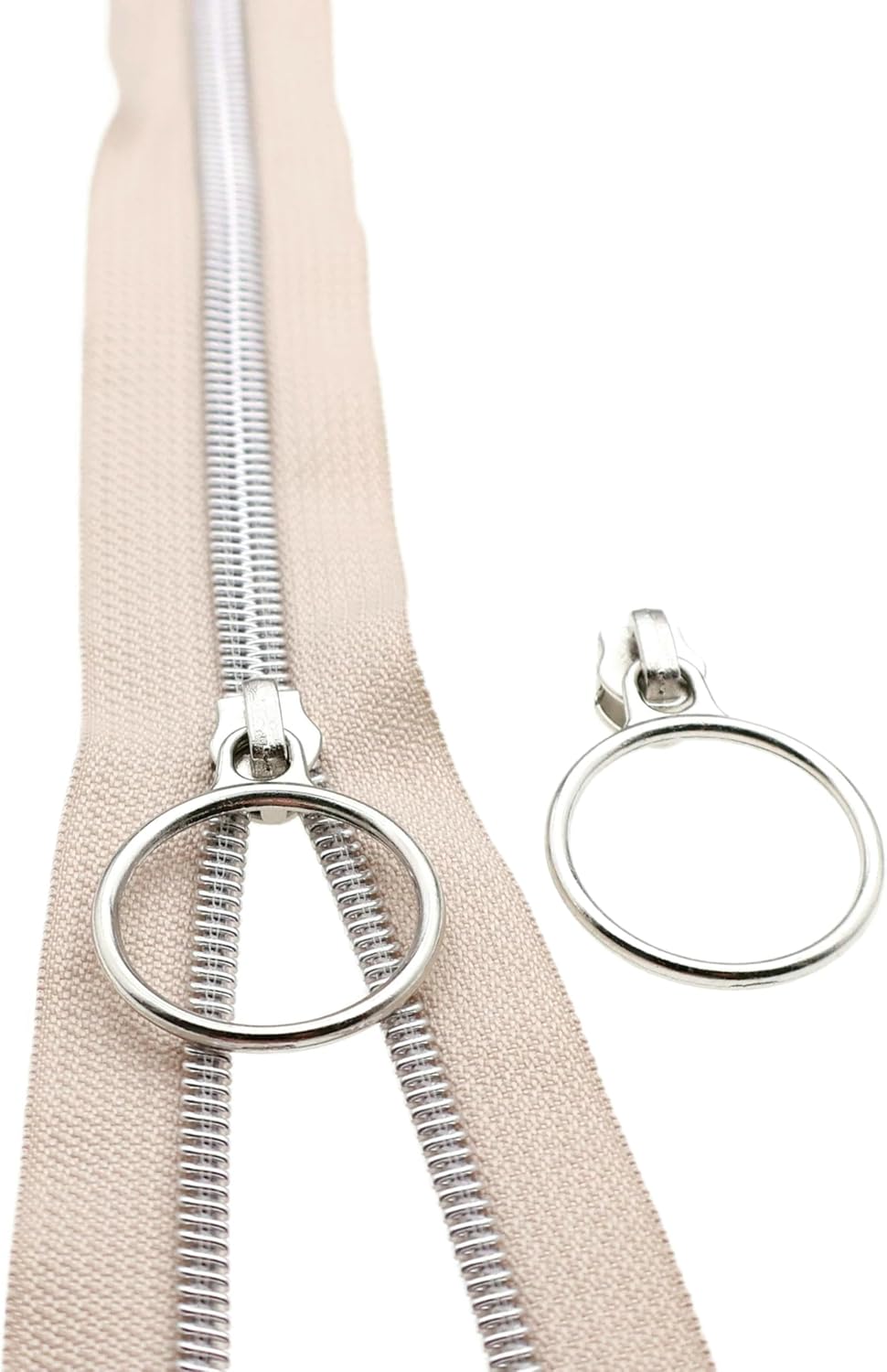 Leekayer #5 Silver Metallic Nylon Coil Zippers by The Yard Bulk 10 Yards Beige Zipper Tape with 25pcs Silver Ring Pull Sliders for DIY Sewing Tailor Craft Bag(Beige)