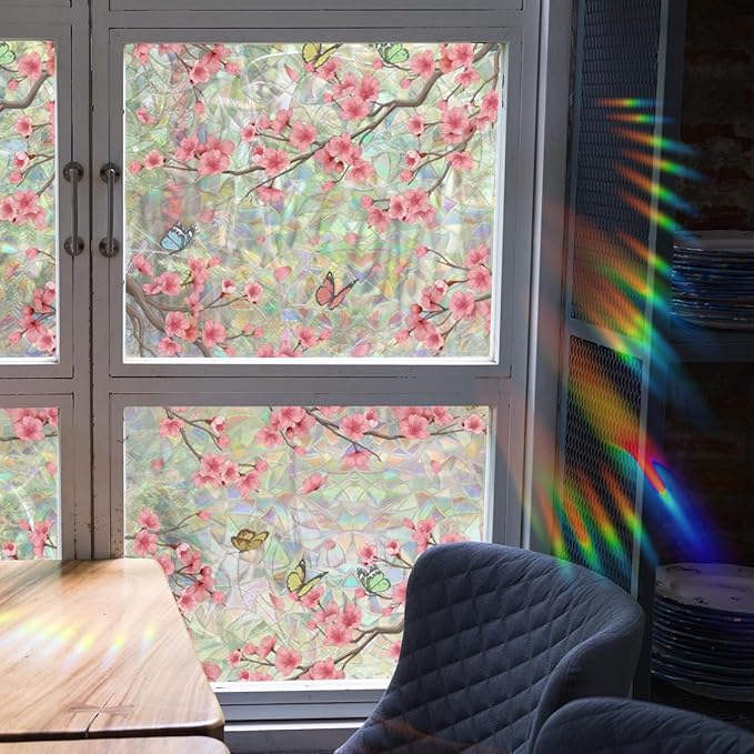 Runtoo Window Privacy Film Rainbow Cherry Blossom Flower Window Clings 3D Decorative Vinyl Stained Glass Butterfly Floral Decals Static Cling Sticker Non-Adhesive, 15.75 x 40 inches
