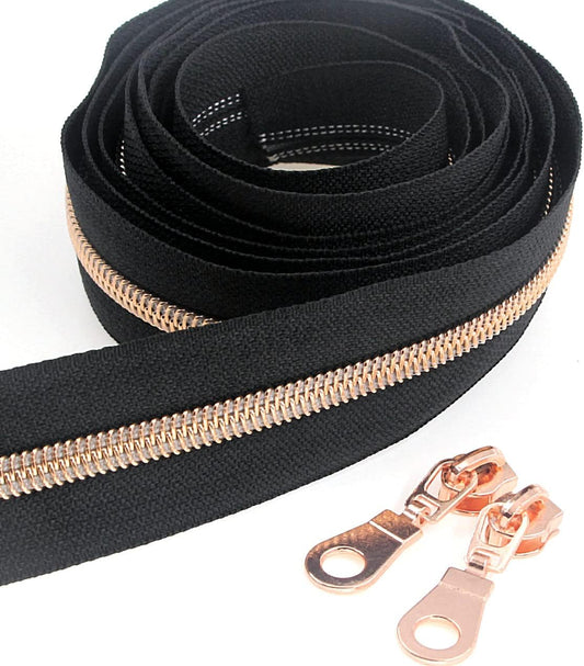 Leekayer #5 Rose Gold Metallic Nylon Coil Zippers by The Yard Bulk 10 Yards Black Tape with 25pcs Rose Gold Sliders for DIY Sewing Tailor Craft Bag(Black)