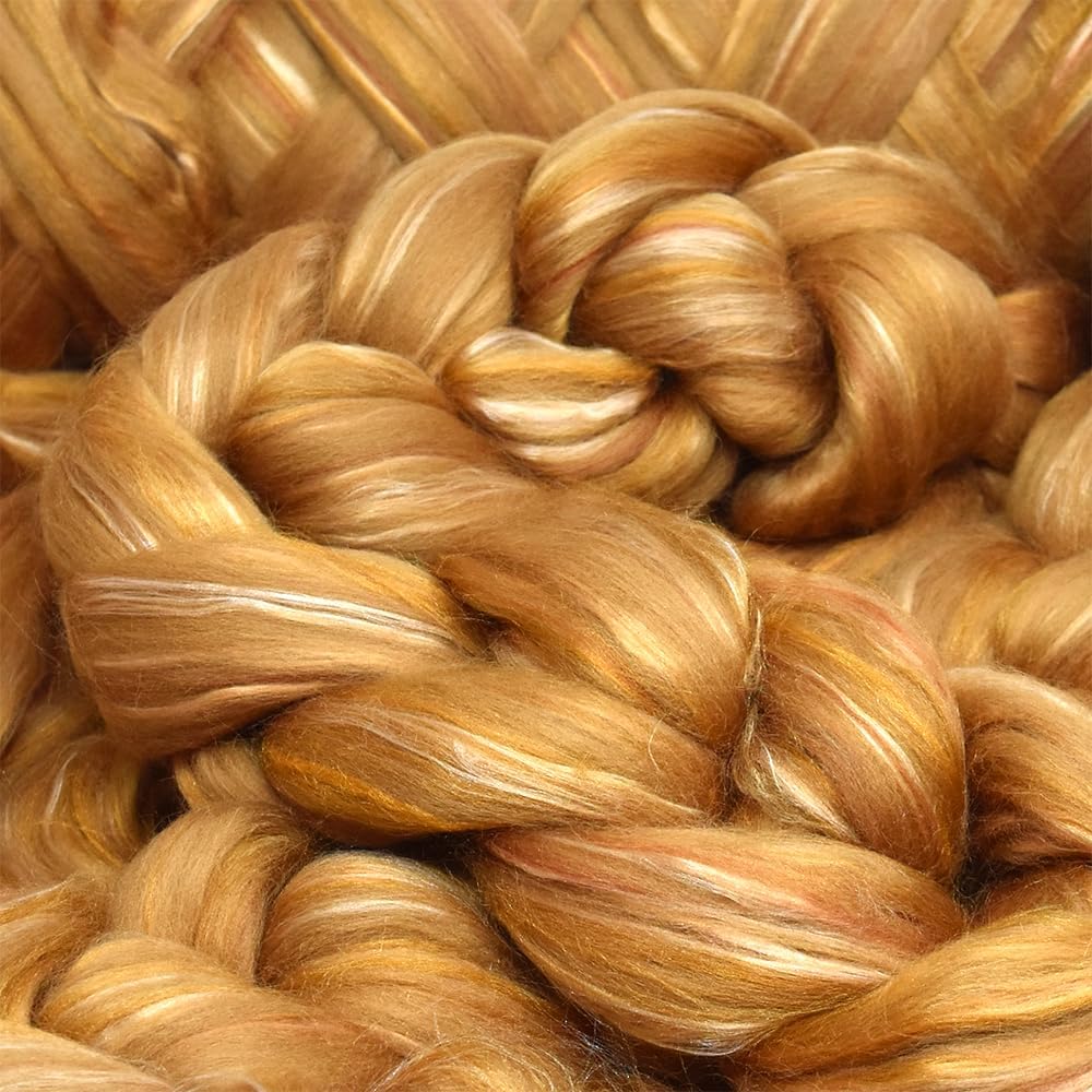 Merino Silk Luxe Tonal Designer Blend. Superfine Merino, Mulberry, Tussah Silk. Top Roving for Spinning or Felting. Toffee Whisper 1oz