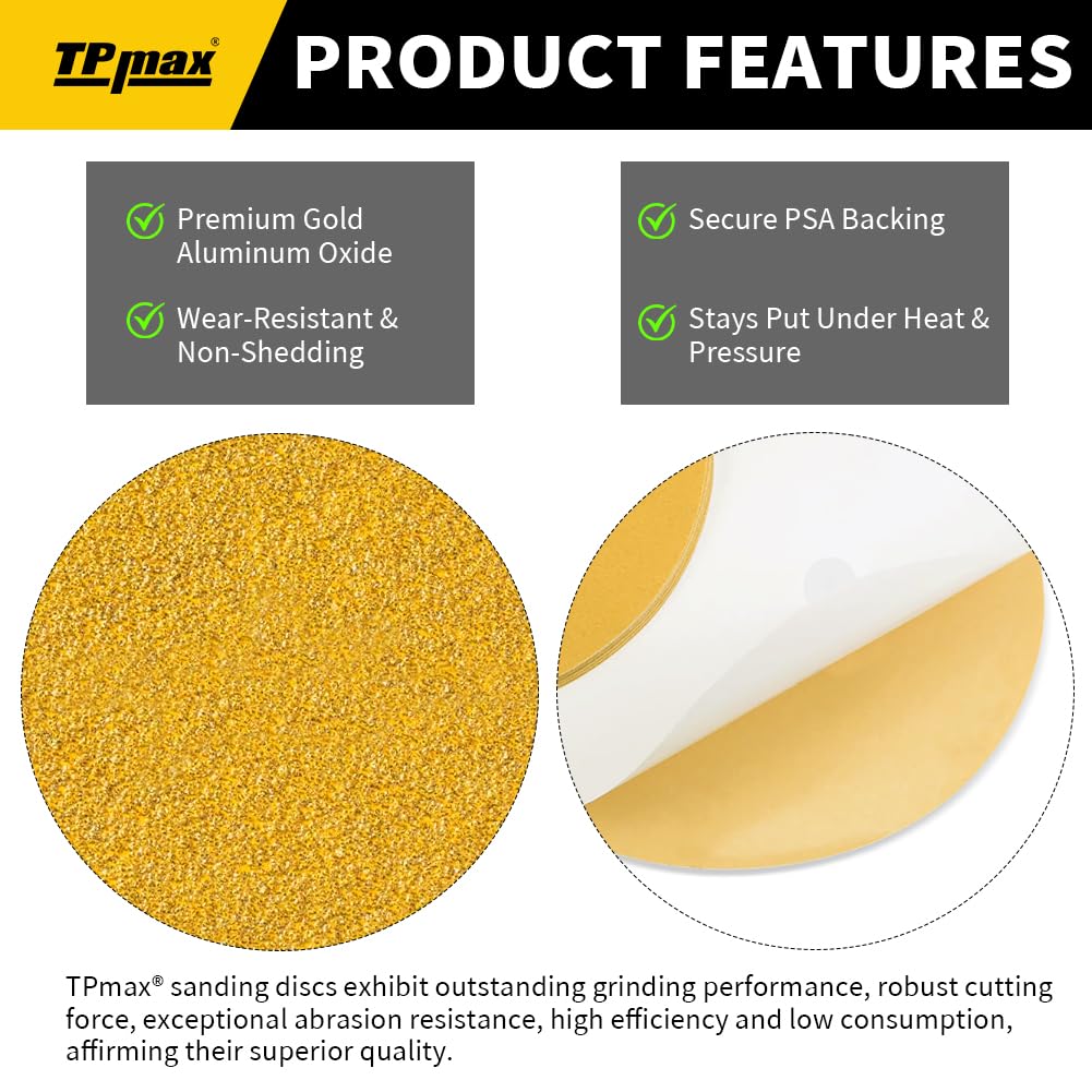6-Inch 500-Grit Gold PSA Sanding Discs, 50 Pack – Pro-Grade Self-Adhesive Stickyback Sandpaper with Quick-Release Tabs for DA Sander, Polishing-Grade Automotive/Wood/Metal Sanding