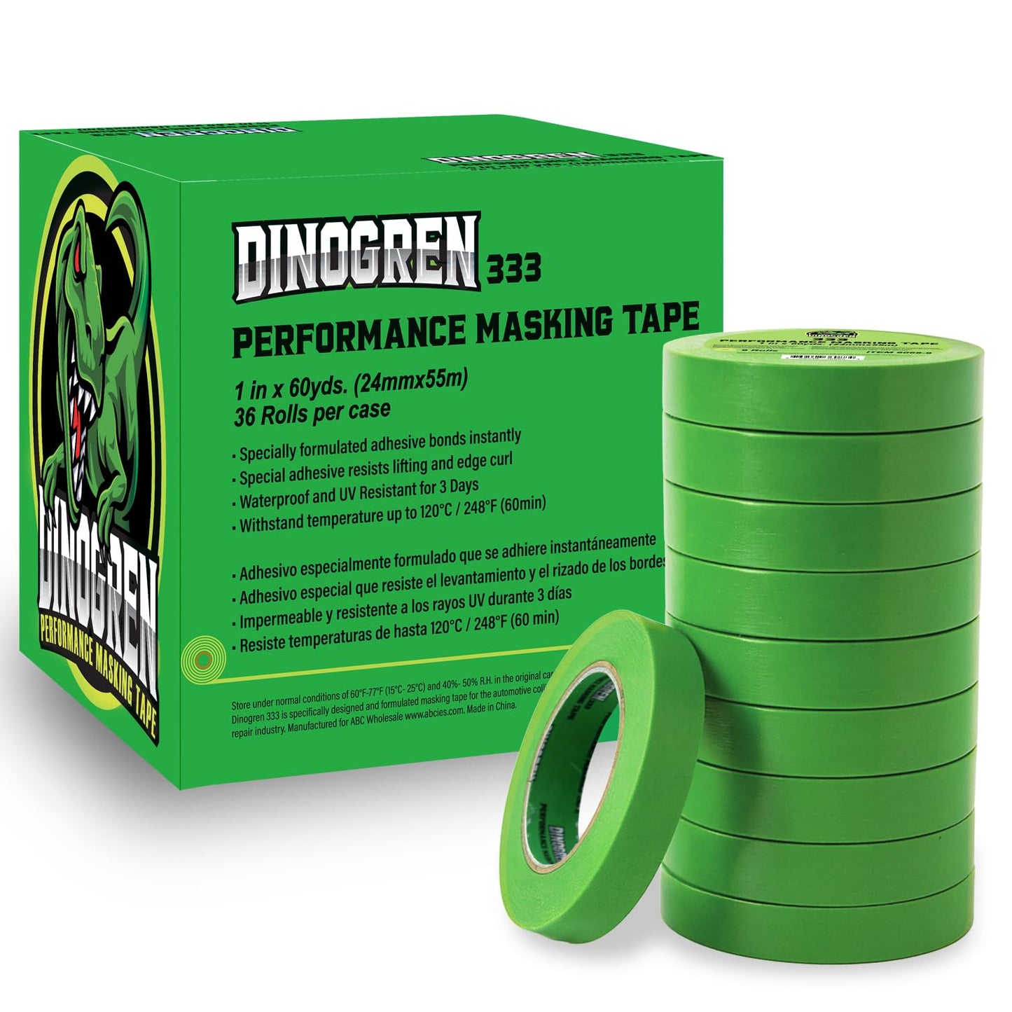 LAUCO DINOGREN High Performance Green Masking Tape for Car Paint, Detailing, & Auto Body - Heat & Water Resistant, Multi-Purpose (1 Inch x 60 Yards, 36 Rolls/Case)