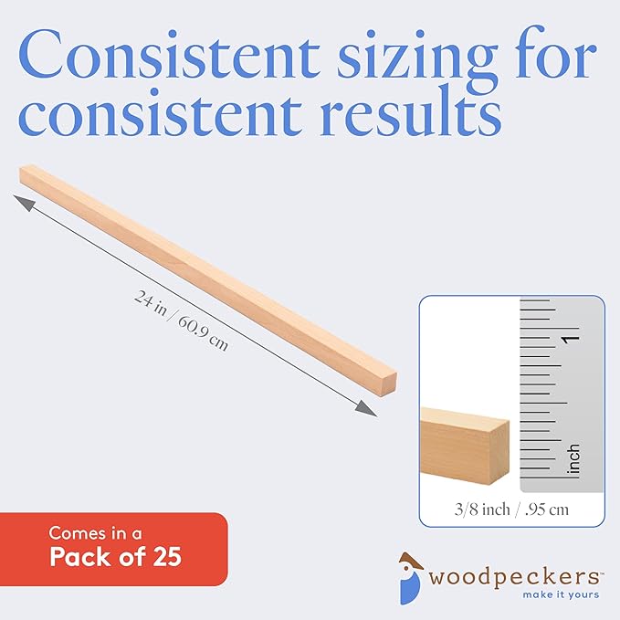 Wood Square Dowel Rods, 3/8-inch x 24-inch, Pack of 25 Wooden Craft Sticks for Crafts and Woodworking, by Woodpeckers