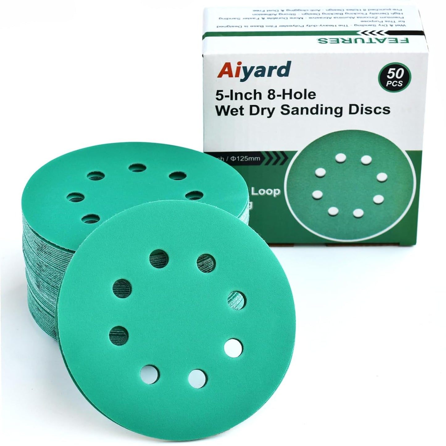 5-Inch 8-Hole Wet Dry Sanding Discs 320 Grit, Polyester Film Backed Heavy-Duty Hook and Loop Sandpaper for Random Orbital Sander, 50-Pack