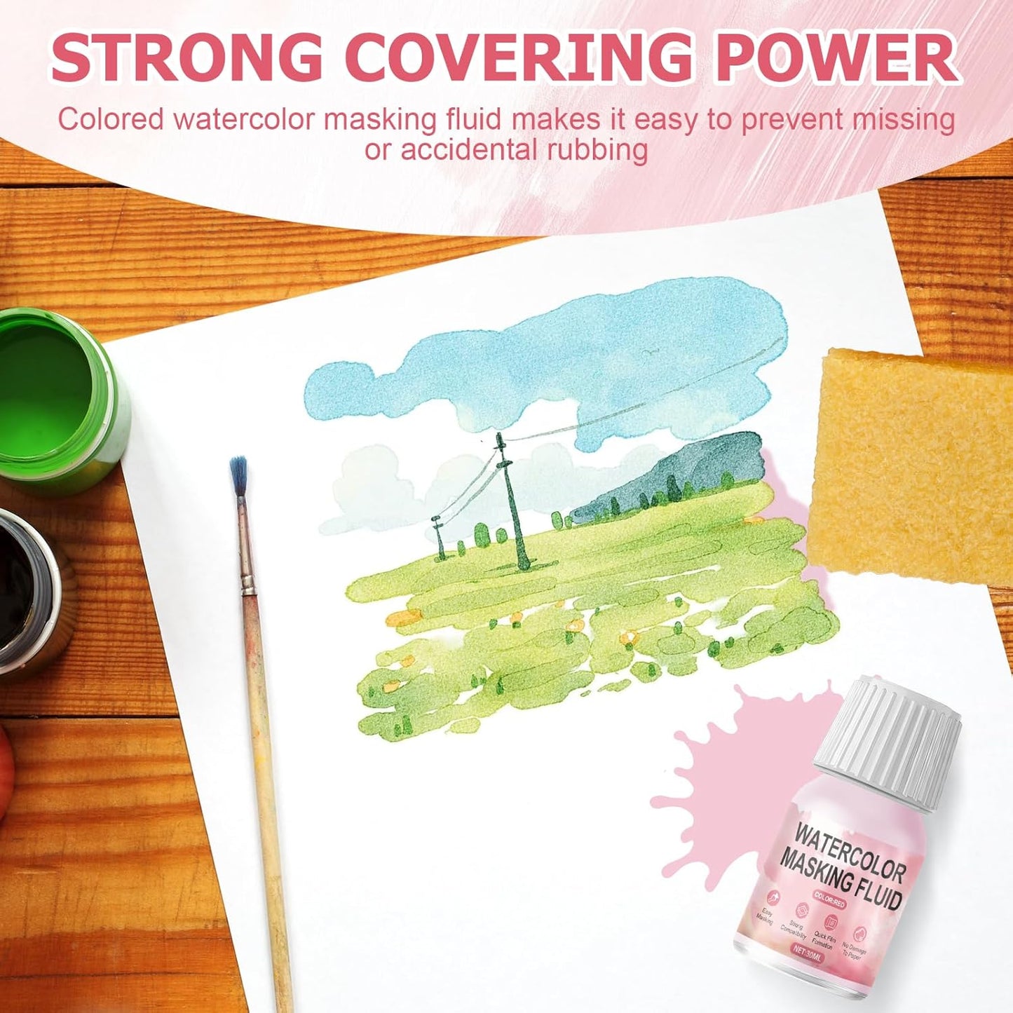 WANJAO Masking Fluid for Watercolor Painting, Liquid Masking Tape with Silicone Pens Cleaning Brush for Painting Fast Drying Easy Peel Use to Art Watercolor Supplies Retouching Covering, 30ml Red