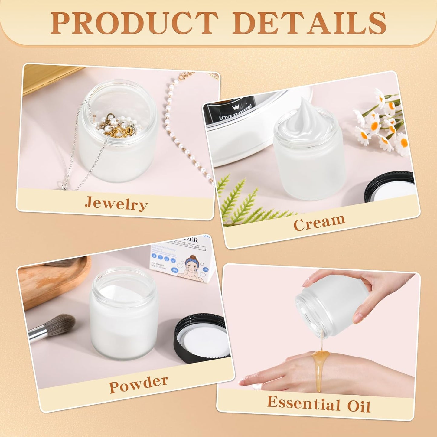 Glass Jars with Lids,Eco-Friendly Cosmetic Containers with Airtight Black Lids & Liners, Multi-Color Options for Cream, Lotion, Body Butter, DIY Skincare Travel Jars (Clear Frosted, 4oz)