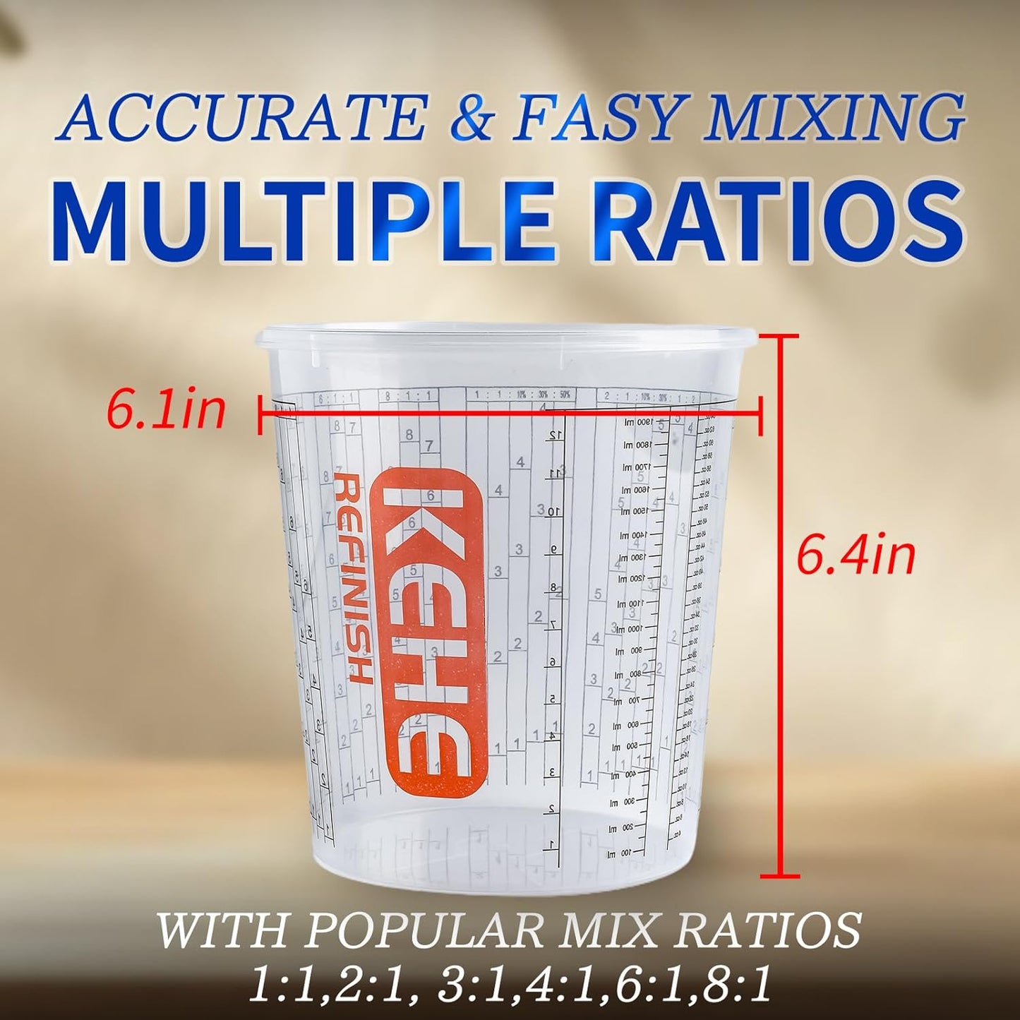 15 PACK Paint Mixing Cups by KEHE REFINISH,64 oz (1900ml),Disposable or Reusable Plastic Measuring Cups with Lids for Liquids, Paints, Resin, Epoxy, Art,Ratios 1:1,2:1, 3:1, 4:1,5:1,6:1,7:1,8:1