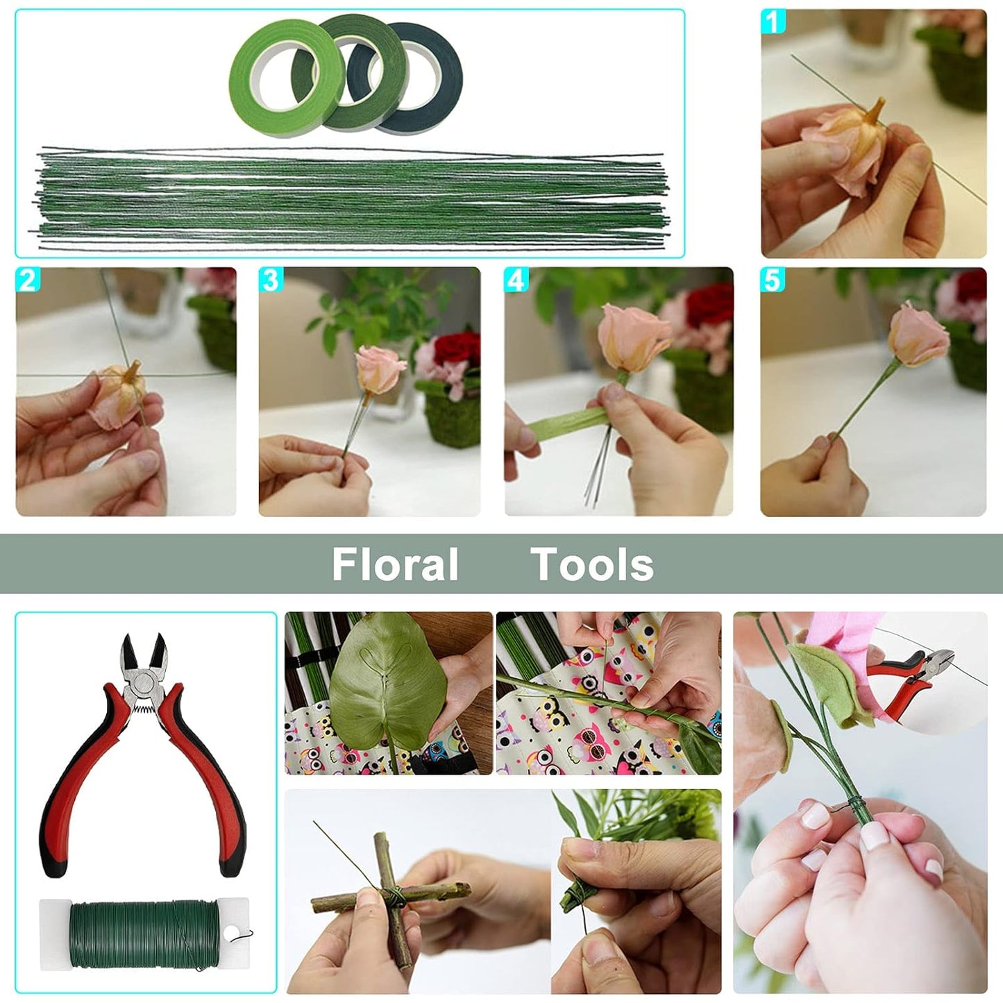 Floral Arrangement Kit - DIY Bouquet Making Tools - 24 Gauge Stem & Paddle Wire, Wire Cutter, Tapes