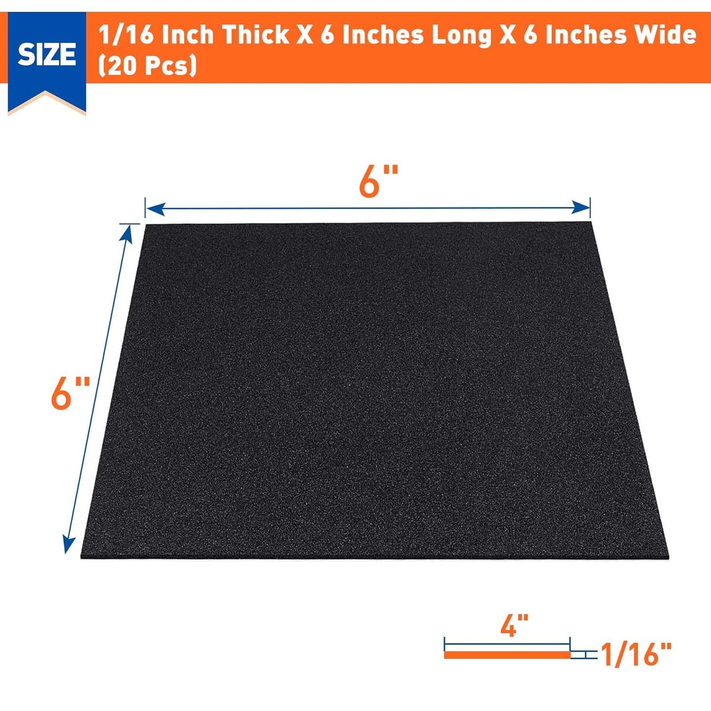 MAGZO 20Pcs Adhesive Foam Padding 1/16 in Thick X 6 in X 6 in,Closed Cell Foam Sheets Neoprene Rubber Self Stick Pads Anti Vibration Pads,Black (6in x 6in x 1/16in, 20Pcs)