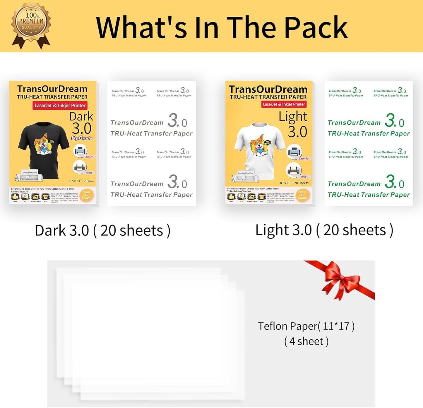 TransOurDream Tru-Heat Transfer Paper for T Shirts (20+20 Sheets, 8.5x11", Mix Pack) Printable Heat Transfer Vinyl for Dark & Light Fabrics Iron on Transfers for Laserjet & Inkjet Printer