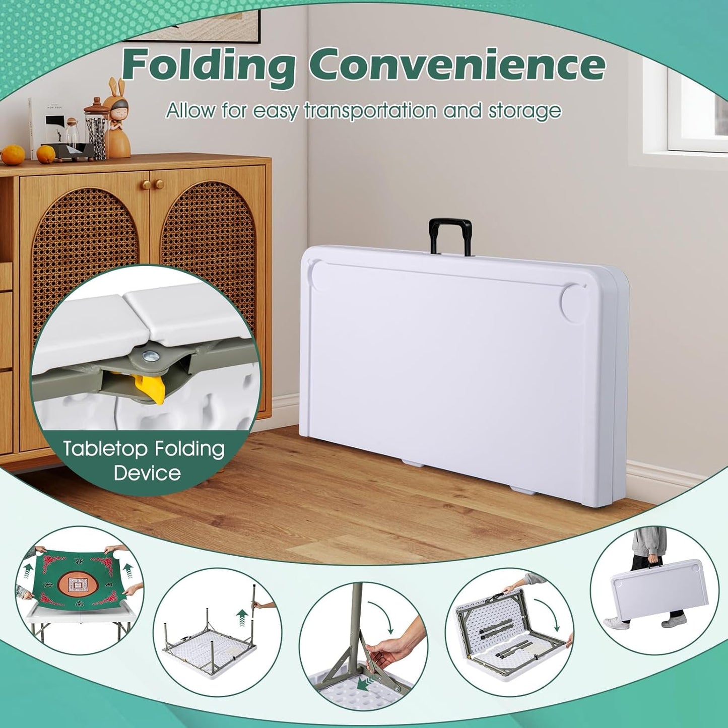 Giantex Folding Mahjong Table, 35" Square Card Table with Cup Holders, Removable Noise Reduction Mat, HDPE Tabletop, 4-Player Portable Domino Tables for Poker Blackjack Board Game (Green)