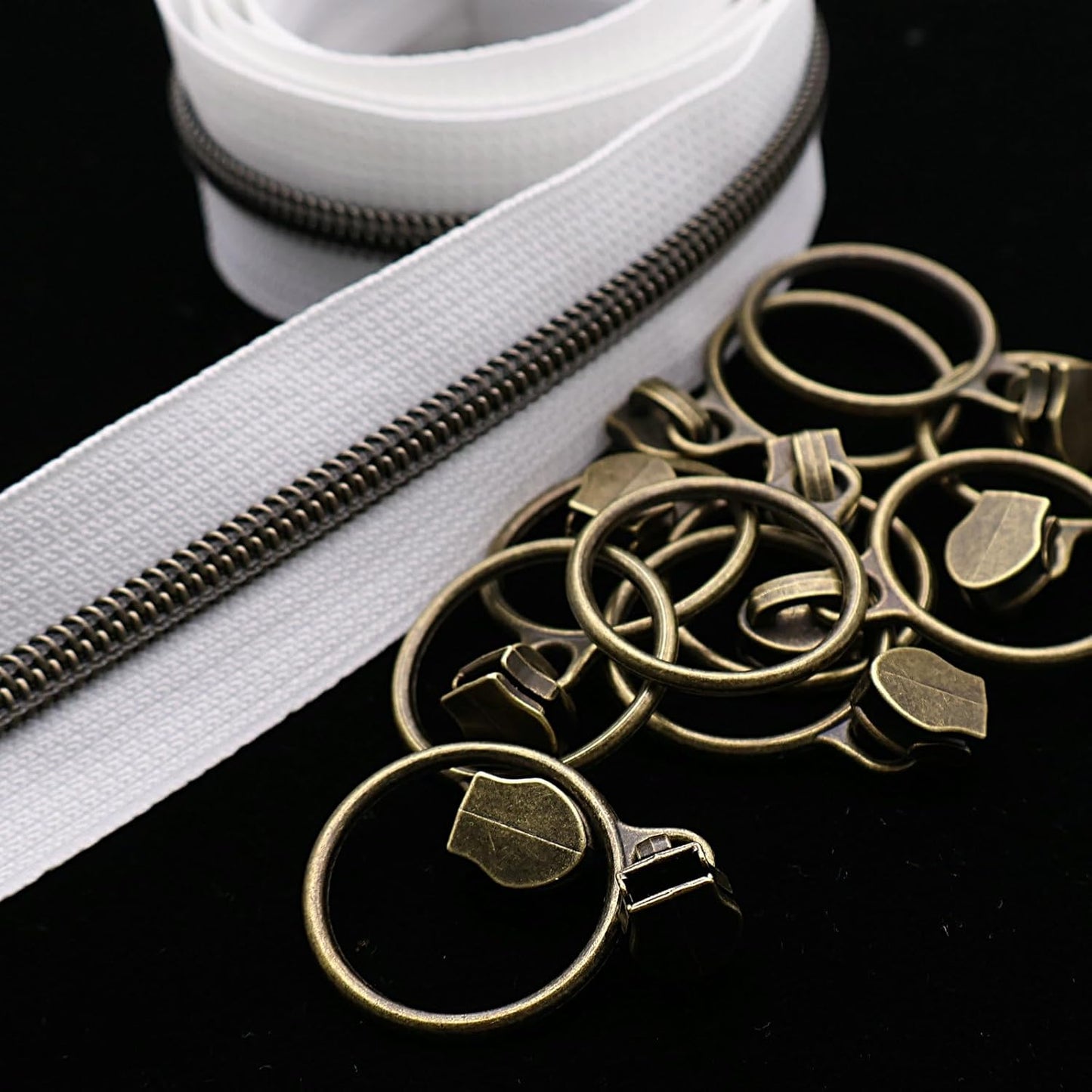 Leekayer #5 Antique Brass Metallic Nylon Coil Zippers by The Yard Bulk 10 Yards White Zipper Tape with 25pcs Antique Brass Ring Pull Sliders for DIY Sewing Tailor Craft Bag(White)