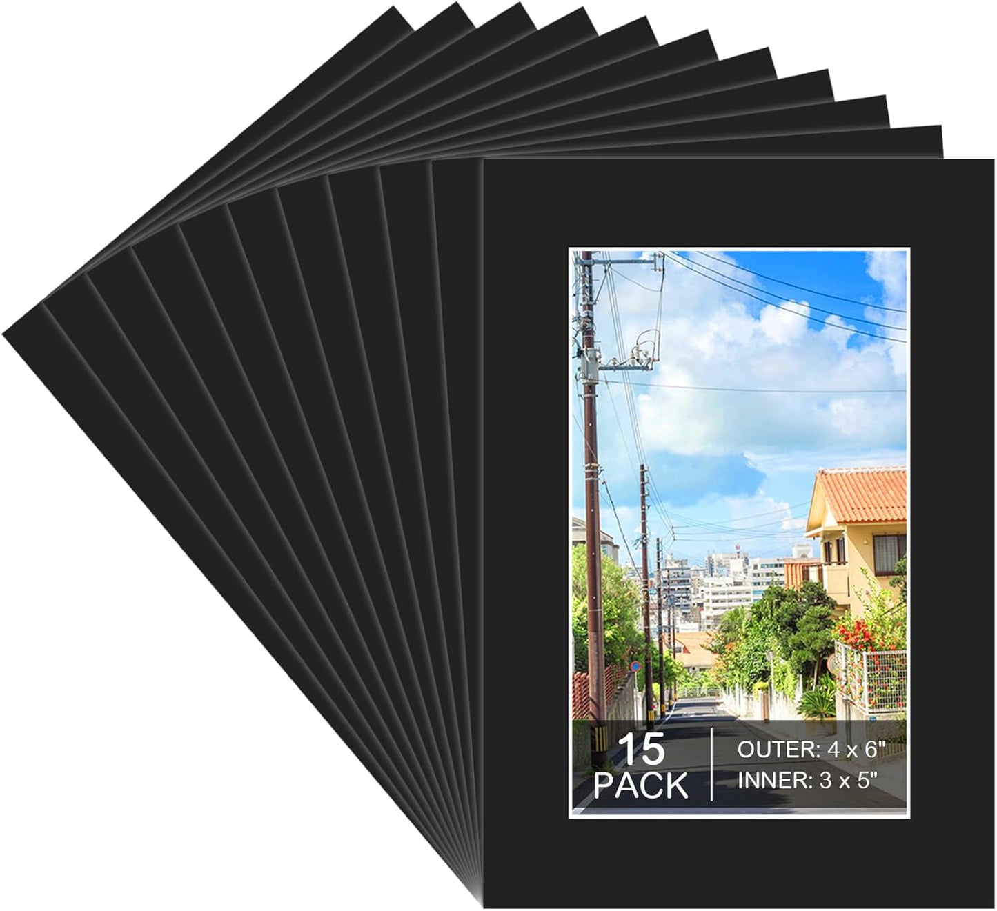 Prudiut 15 Pack 4x6 Black Picture Mats, Frame Mattes for 3x5 Pictures Display Photo Frame Mat Core Bevel Cut Mat Board Show Kit for Photos, Prints, Artworks